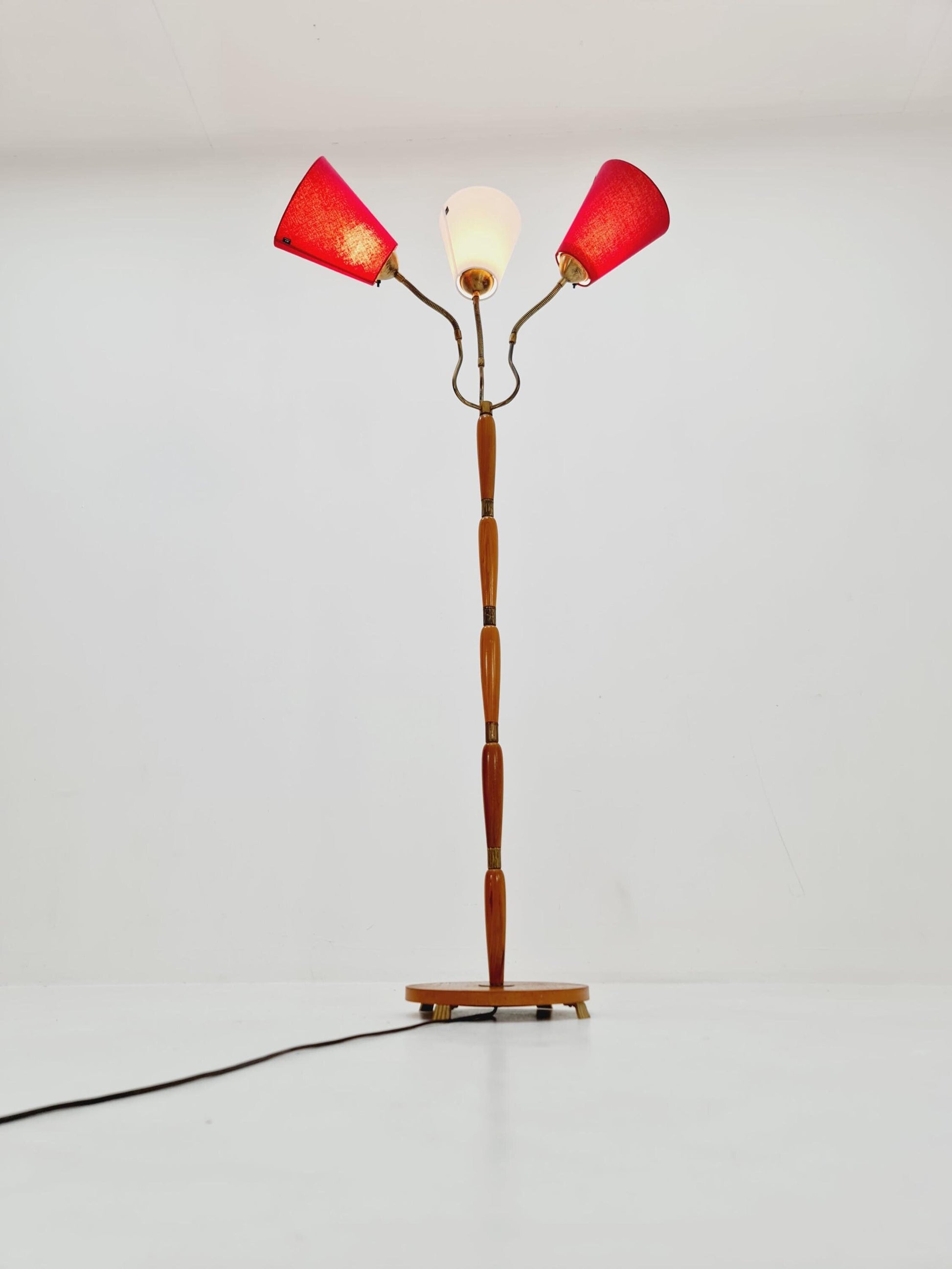 swedish Modern three flex arms brass & wood floor lamp, tütenlampe, 1950s