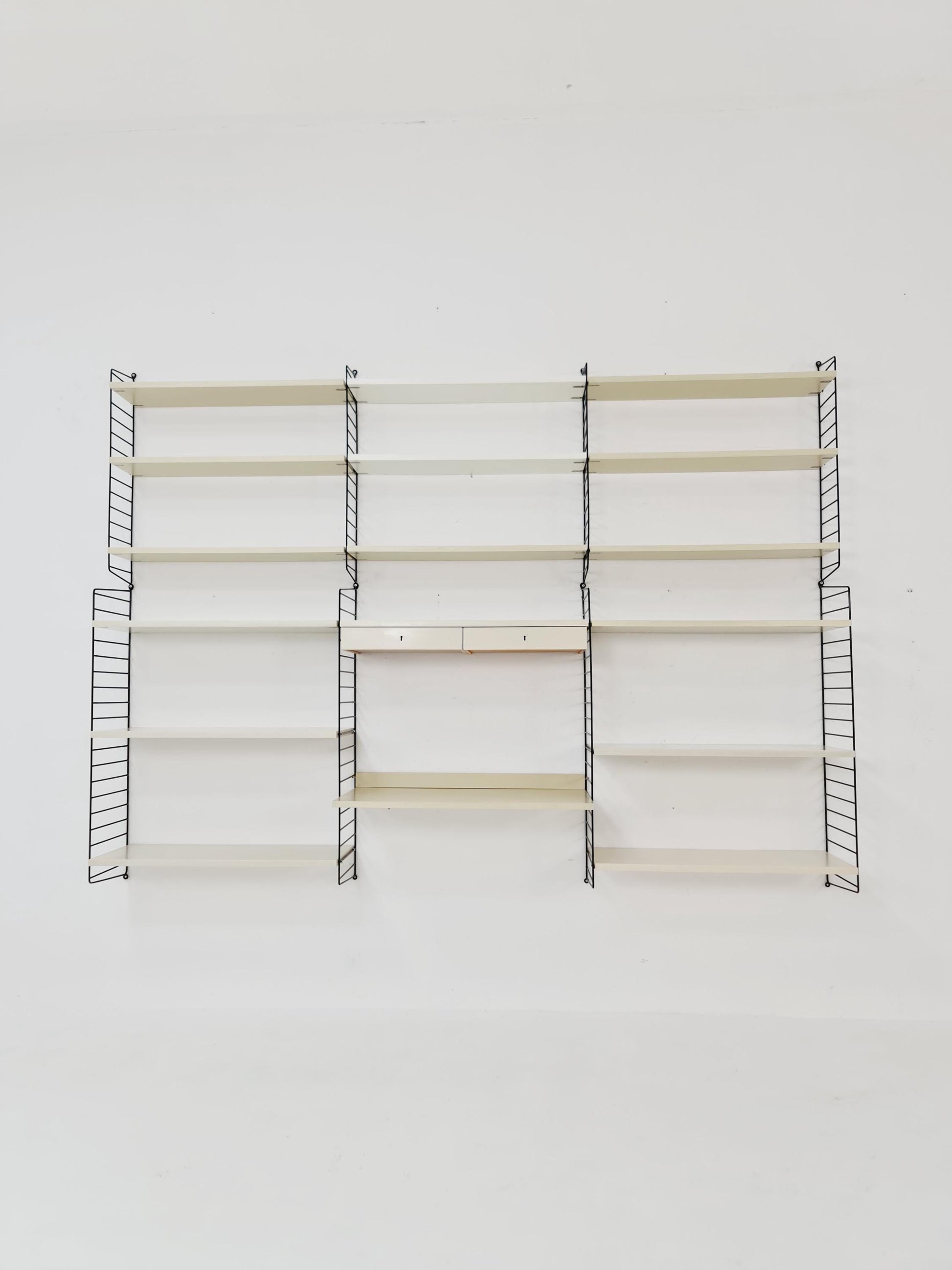 Wall-mounted original Swedish string shelf-system, bookcase teak by Nils & Kajsa Strinning, 1960s