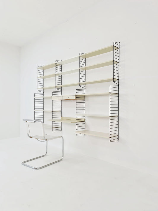 Wall-mounted original Swedish string shelf-system, bookcase teak by Nils & Kajsa Strinning, 1960s