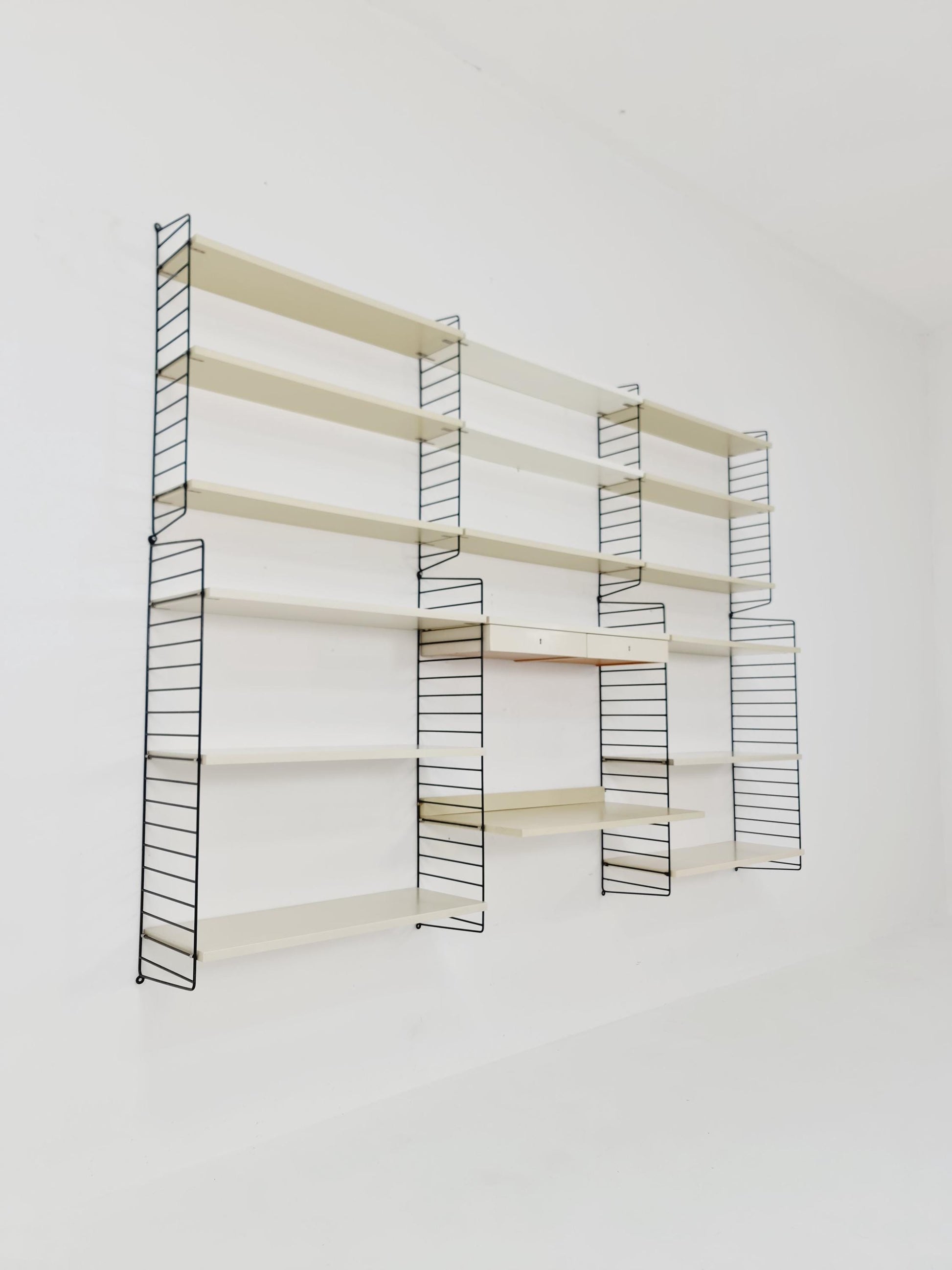 Wall-mounted original Swedish string shelf-system, bookcase teak by Nils & Kajsa Strinning, 1960s