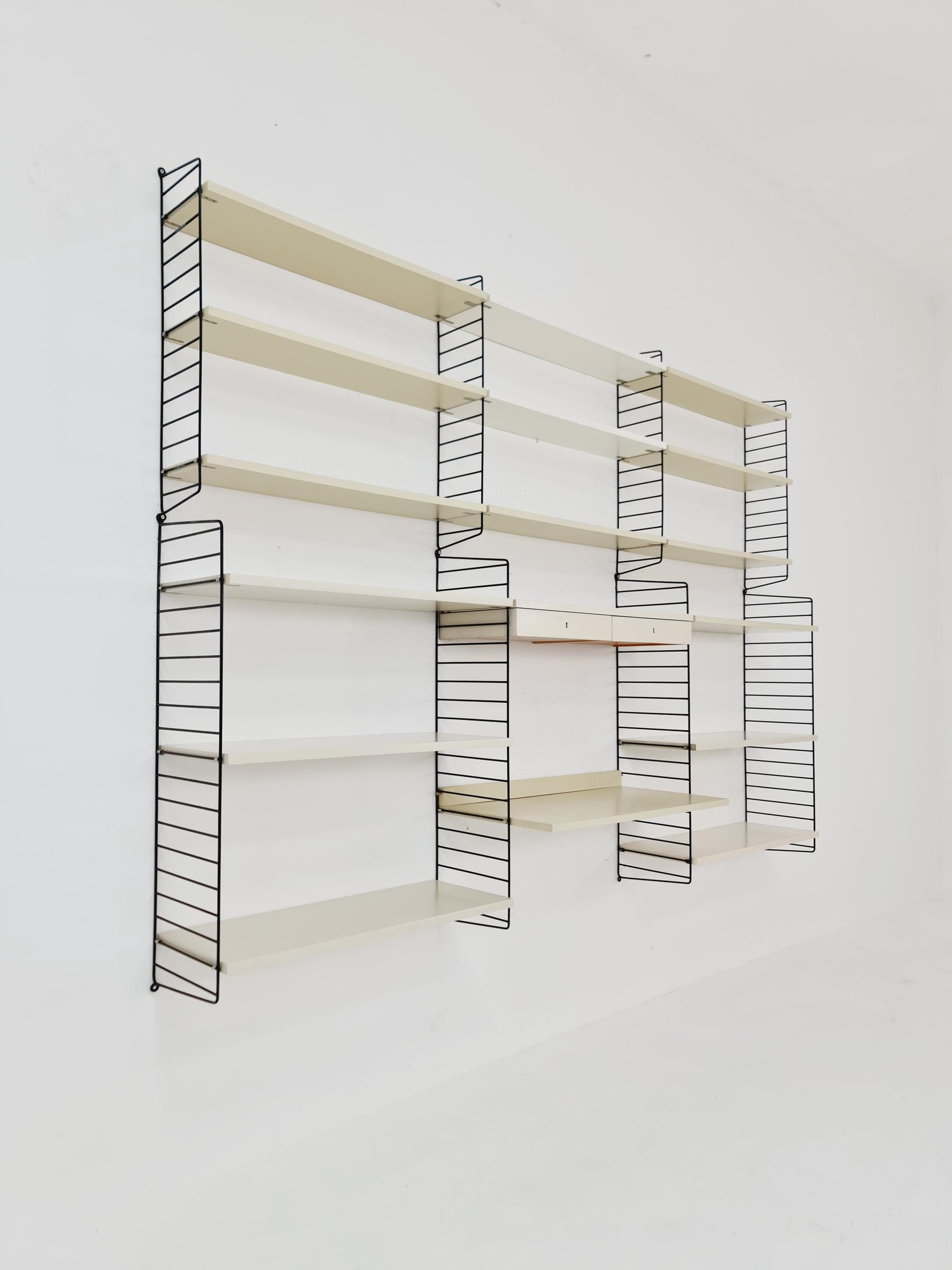 Wall-mounted original Swedish string shelf-system, bookcase teak by Nils & Kajsa Strinning, 1960s