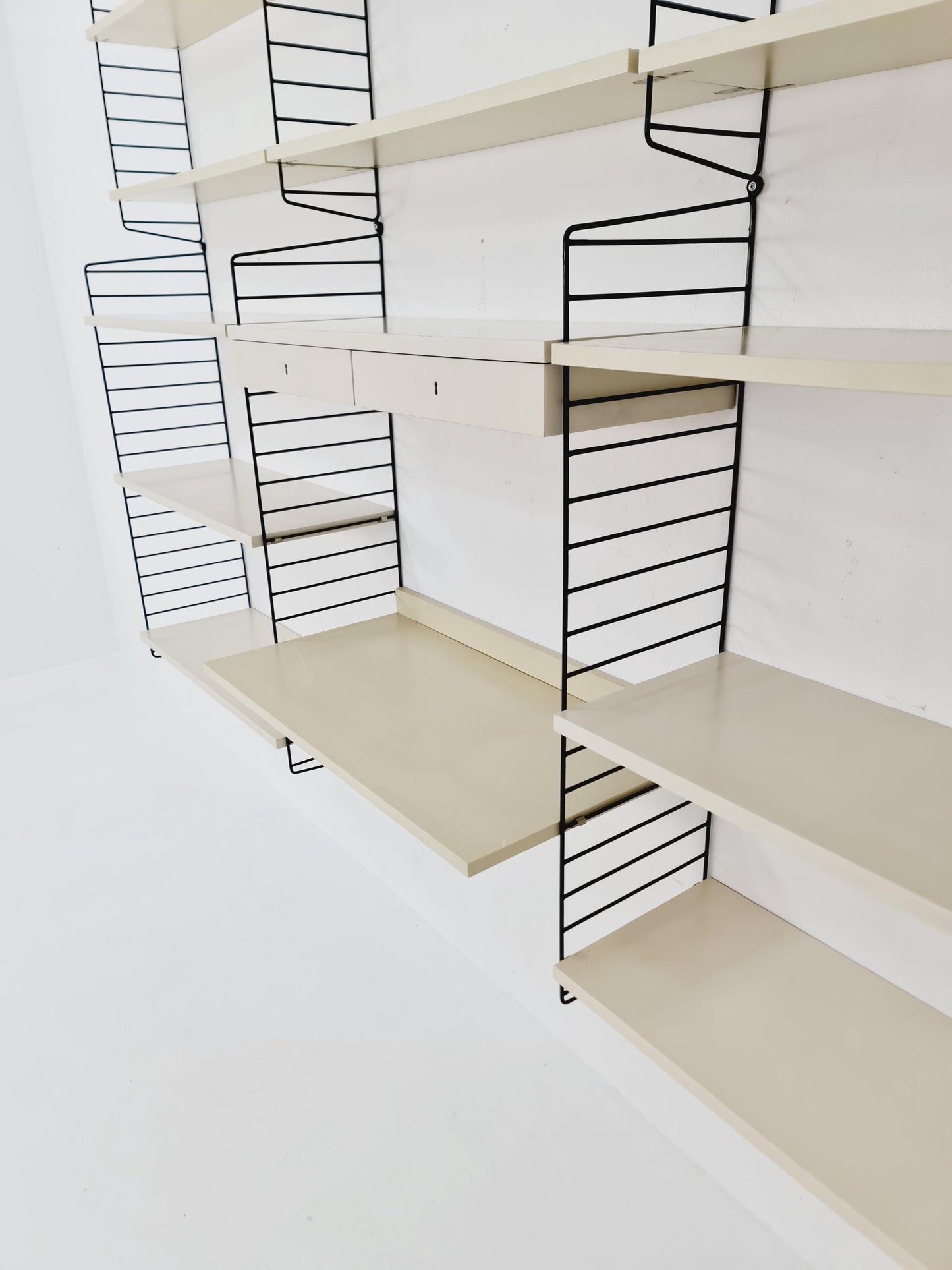 Wall-mounted original Swedish string shelf-system, bookcase teak by Nils & Kajsa Strinning, 1960s