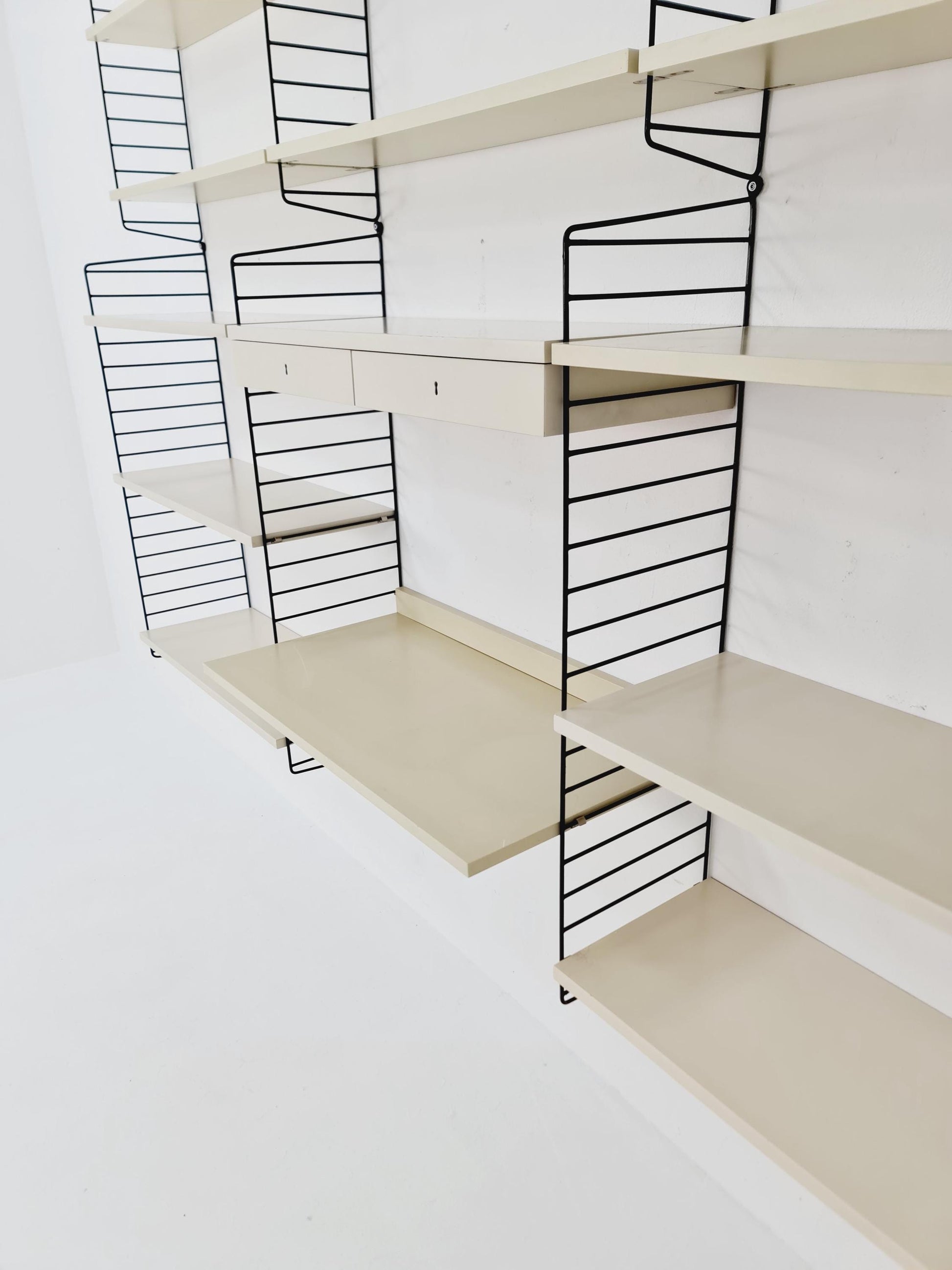 Wall-mounted original Swedish string shelf-system, bookcase teak by Nils & Kajsa Strinning, 1960s