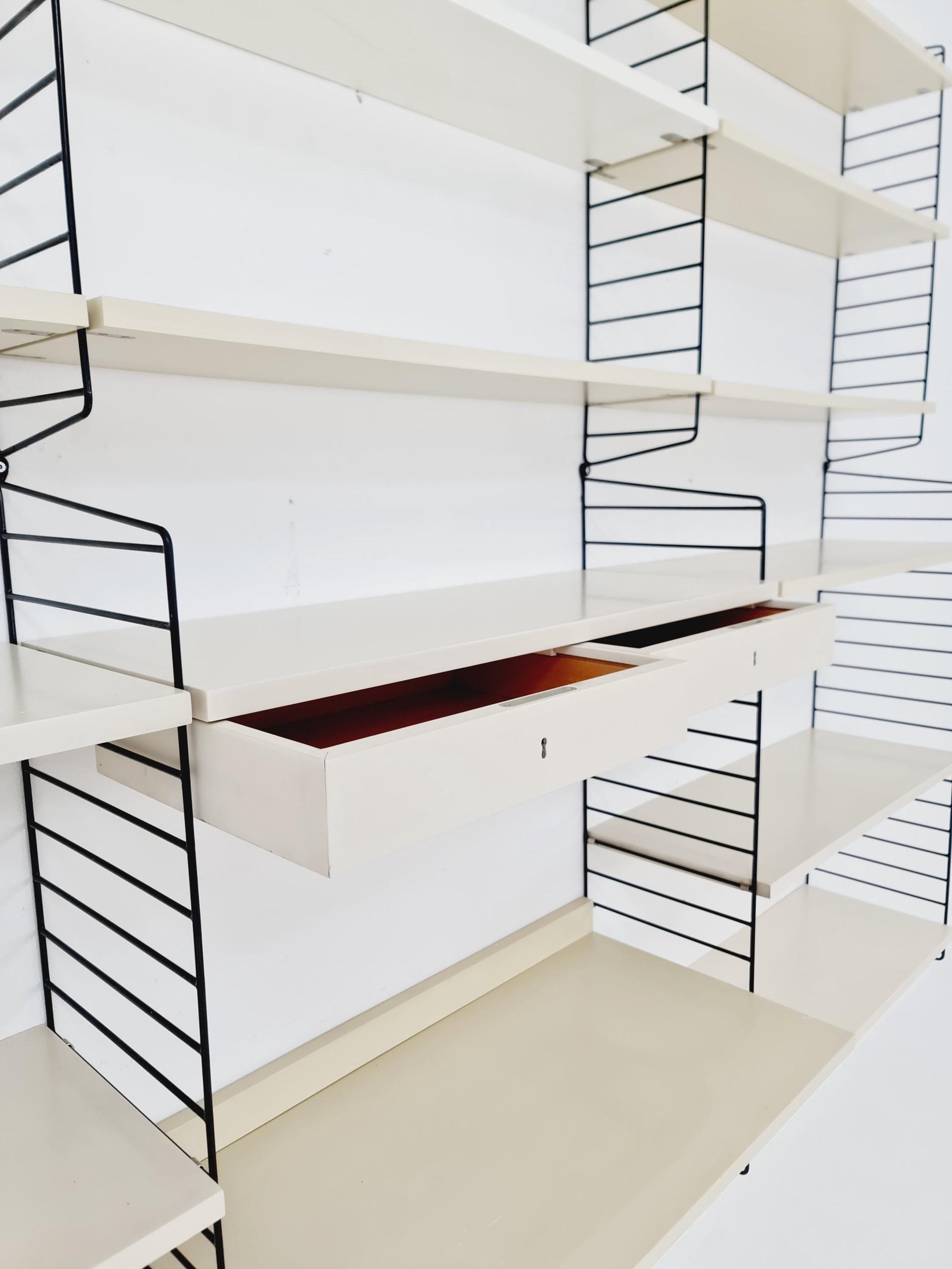 Wall-mounted original Swedish string shelf-system, bookcase teak by Nils & Kajsa Strinning, 1960s