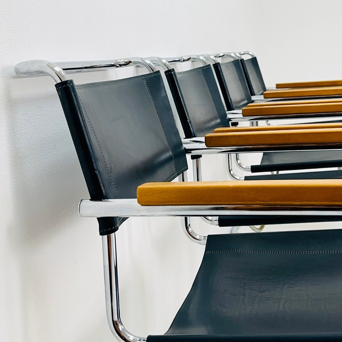 Set of 4 Bauhaus black leather iconic armchairs by mart Stam for Thonet 1980s
