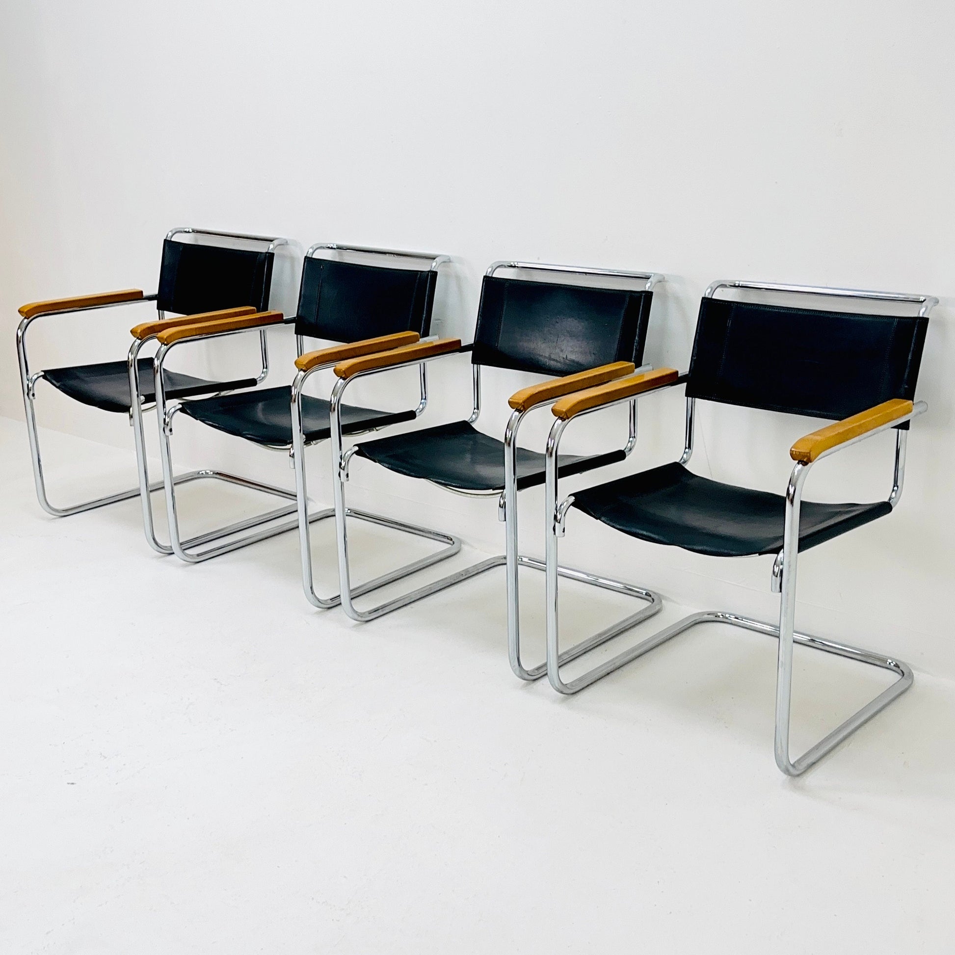 Set of 4 Bauhaus black leather iconic armchairs by mart Stam for Thonet 1980s