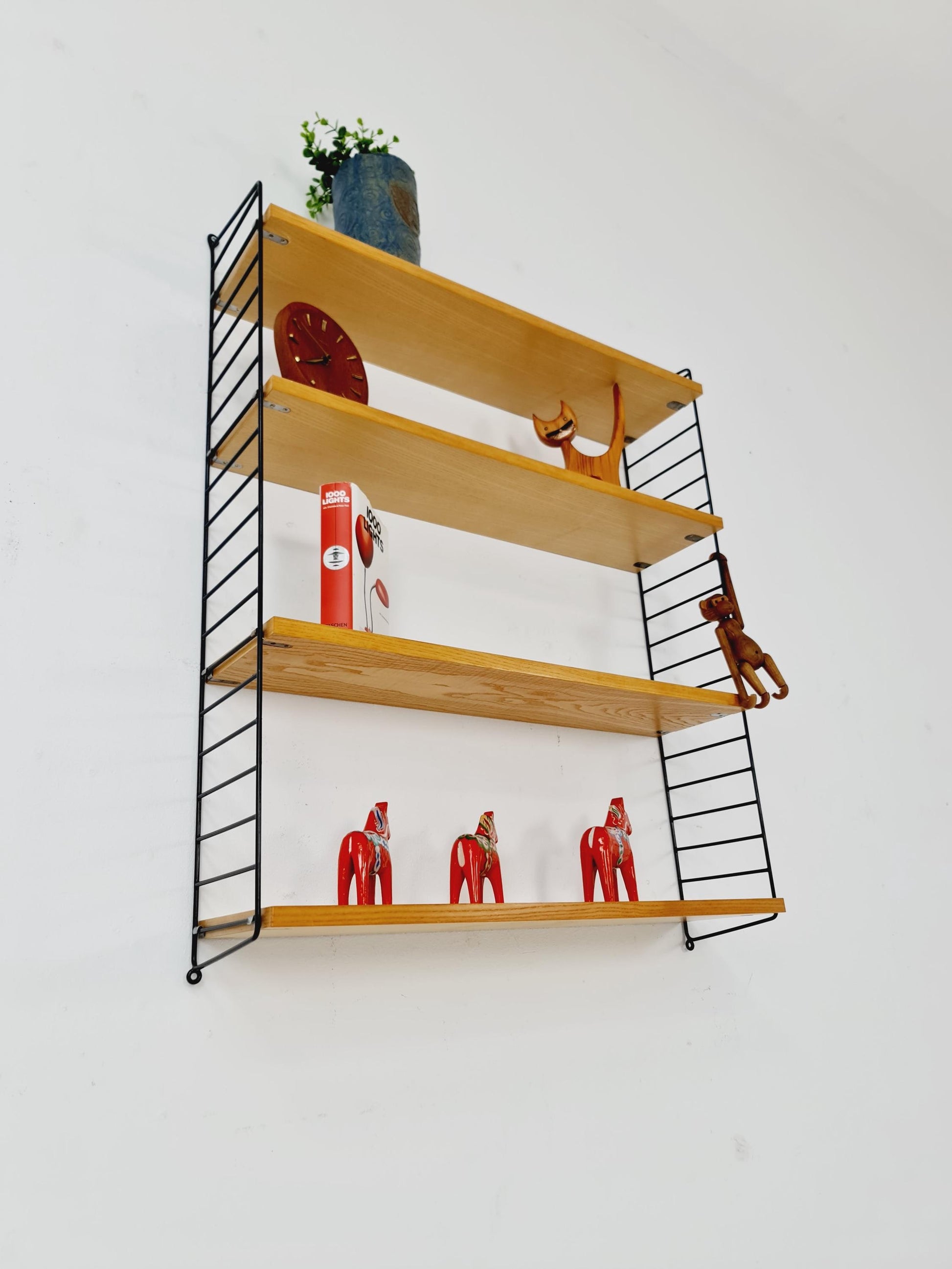 Original MCM Ash shelving system - consists of Black lacquered metal ladders, from string Stockholm 1960s