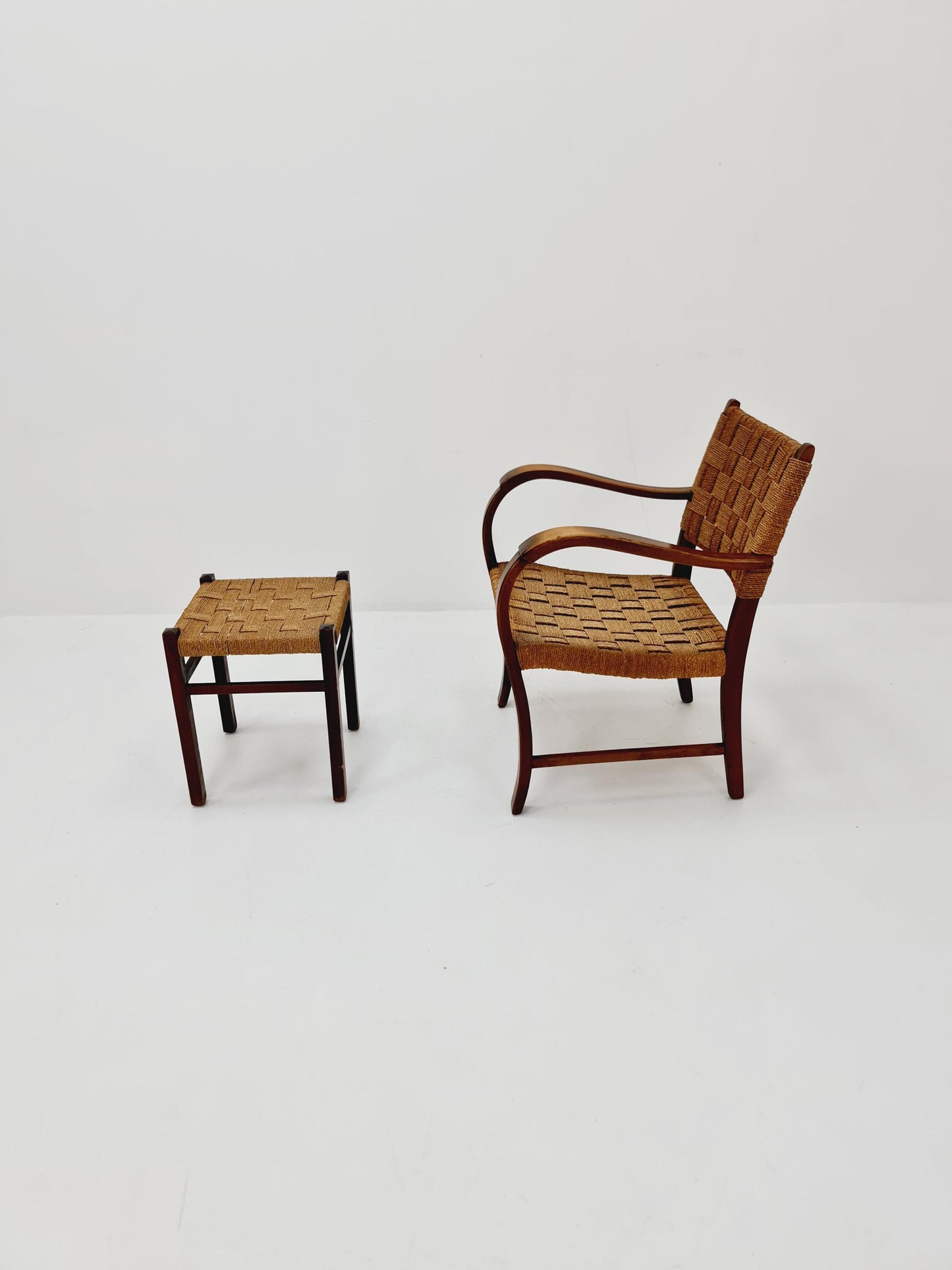 Bauhaus vintage papercord armchair with ottoman by Ehrich Dieckmann, 1930s