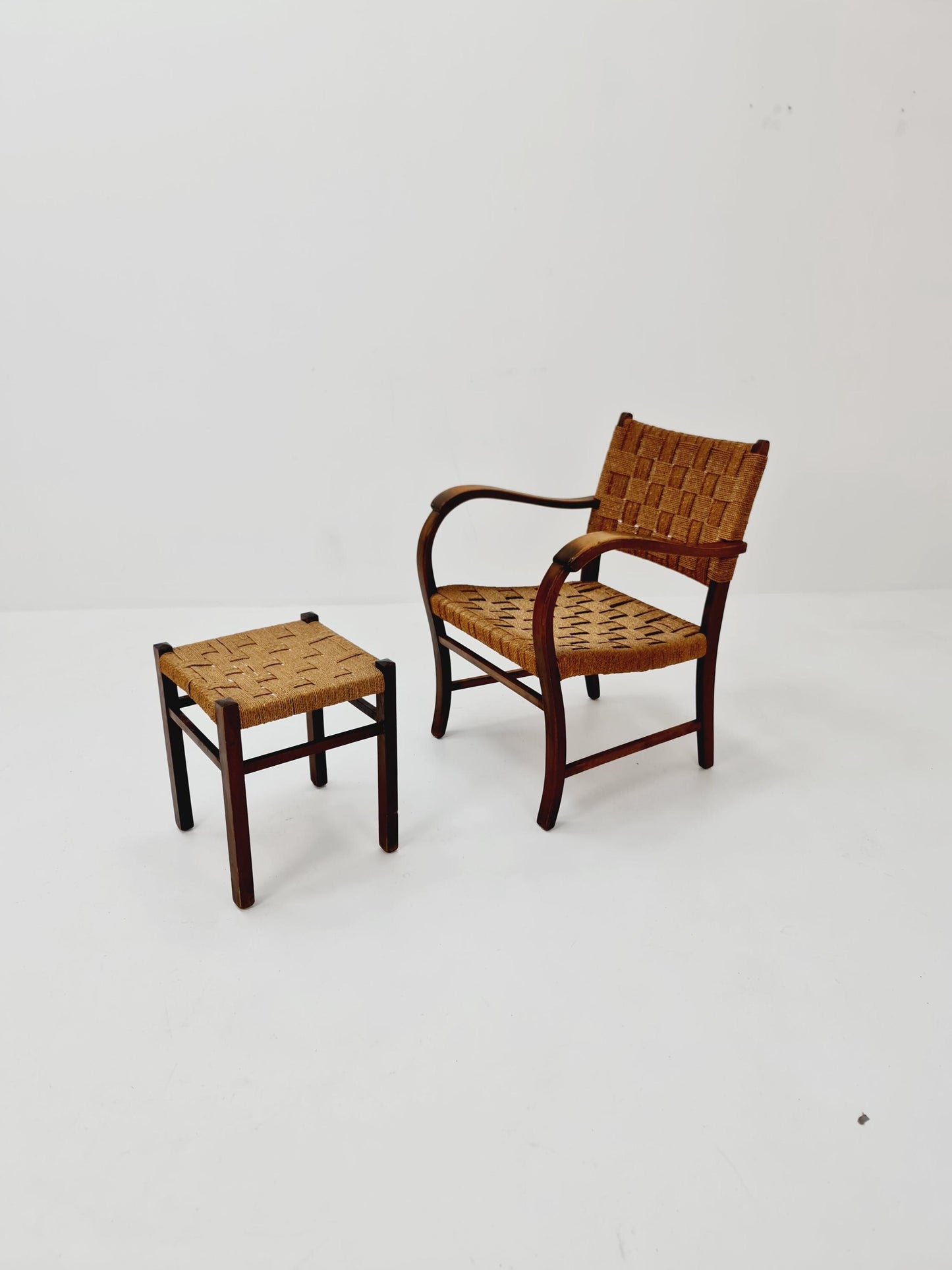 Bauhaus vintage papercord armchair with ottoman by Ehrich Dieckmann, 1930s