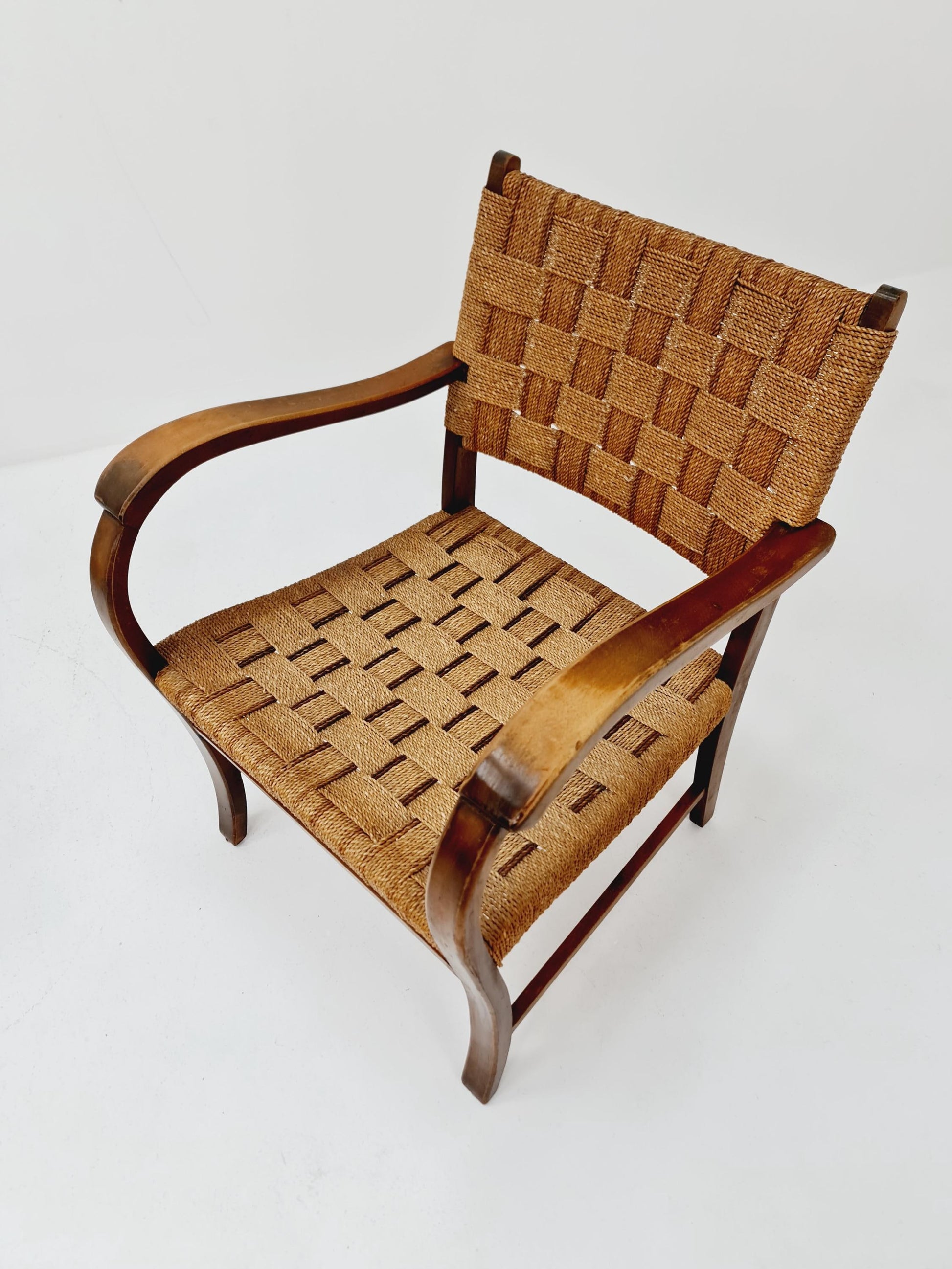 Bauhaus vintage papercord armchair with ottoman by Ehrich Dieckmann, 1930s