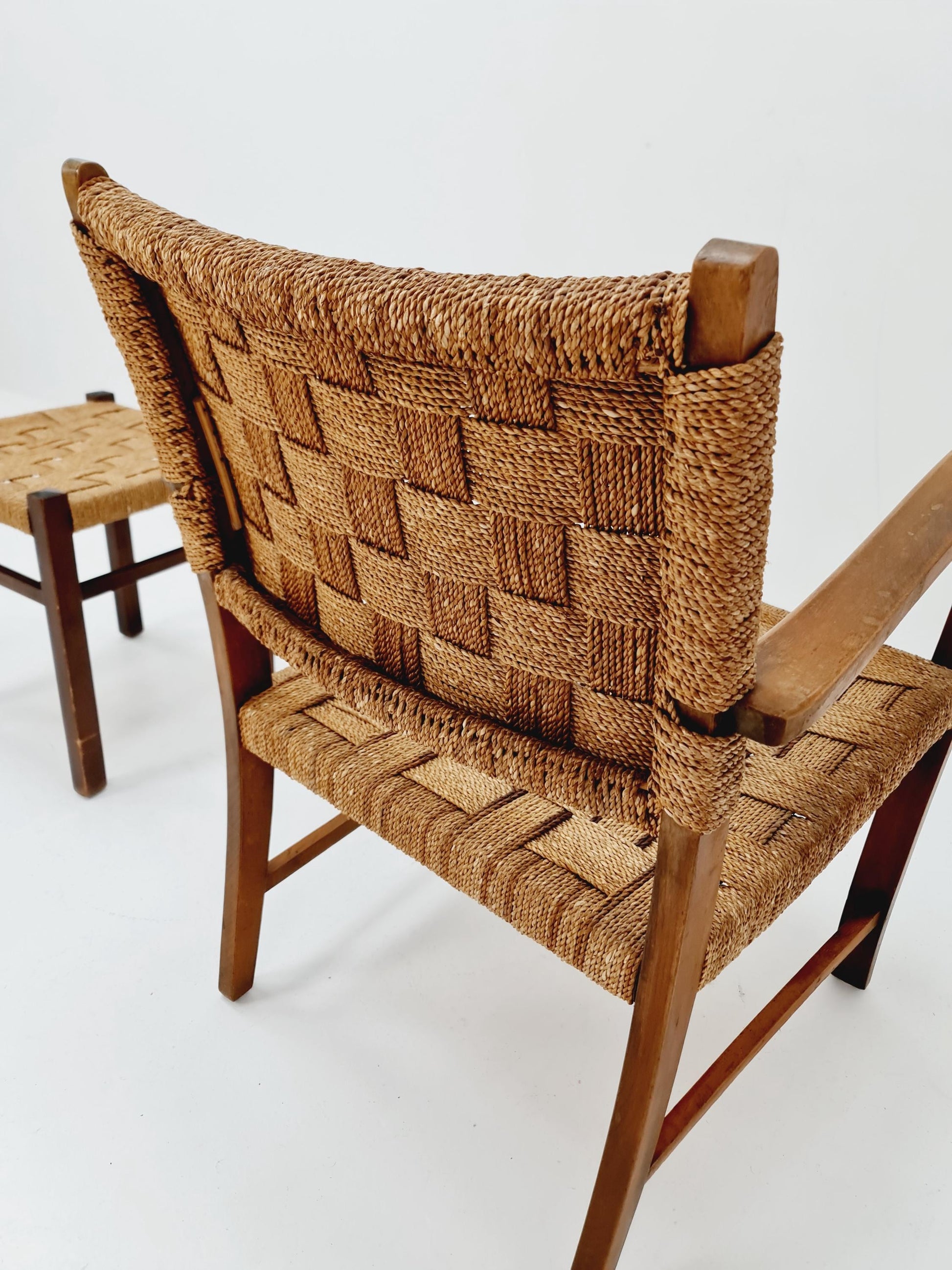 Bauhaus vintage papercord armchair with ottoman by Ehrich Dieckmann, 1930s