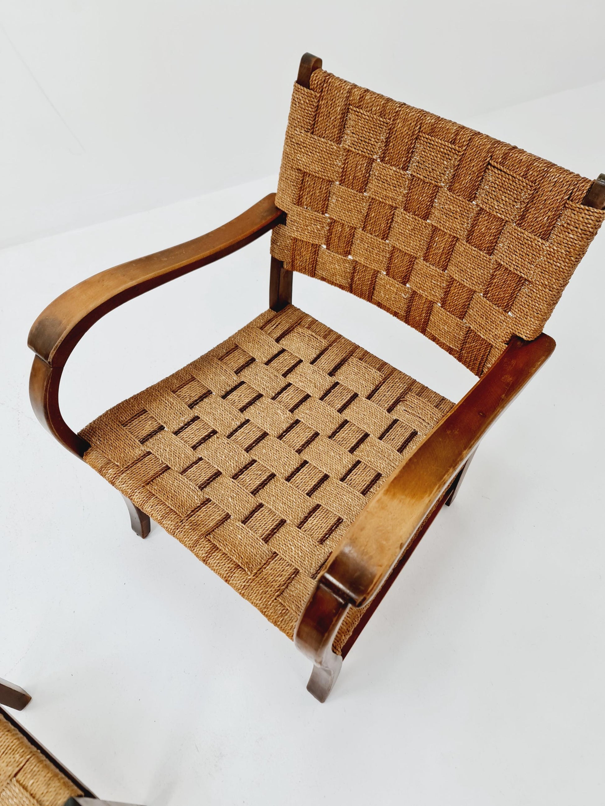 Bauhaus vintage papercord armchair with ottoman by Ehrich Dieckmann, 1930s