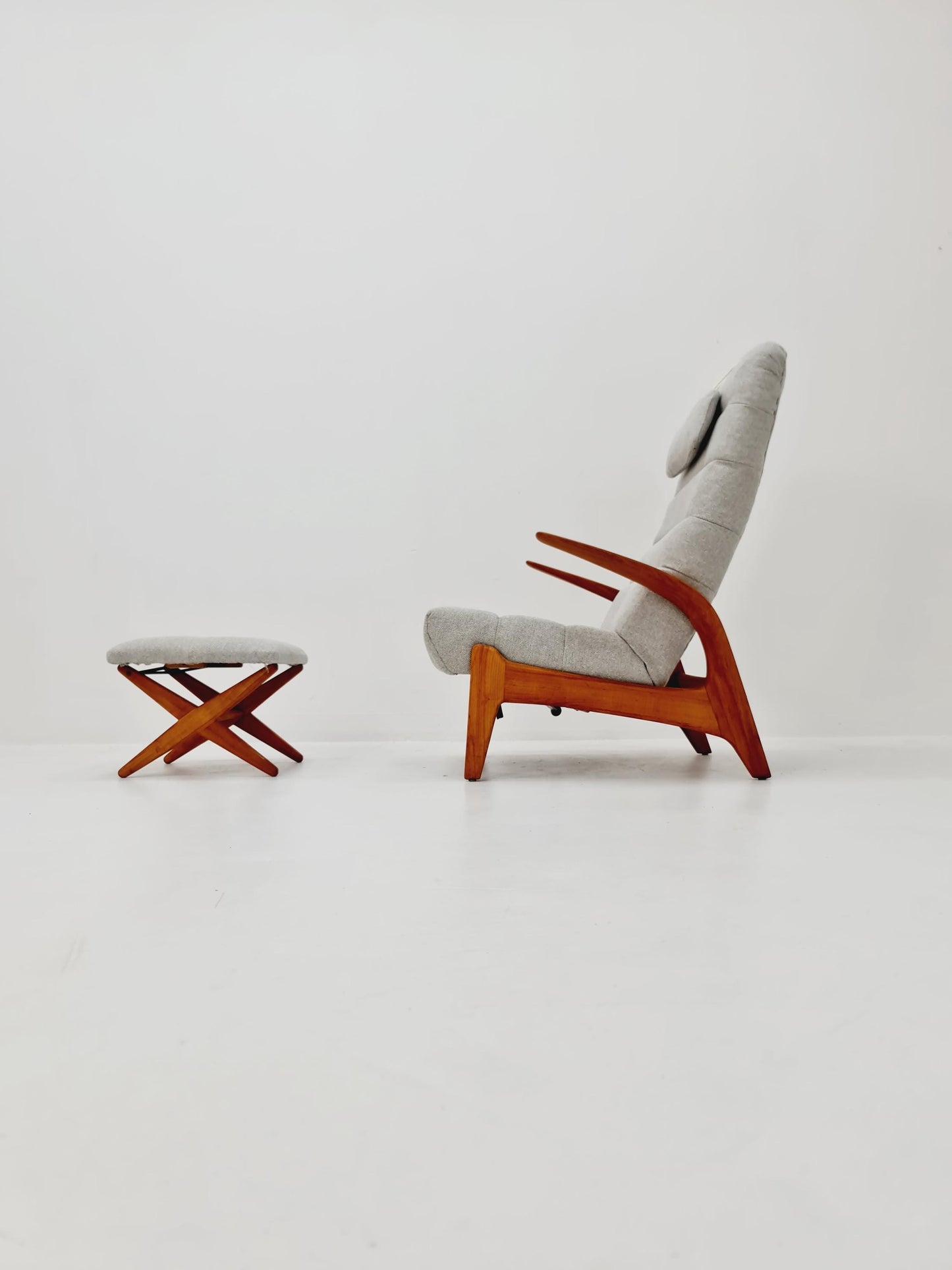Mid Century Solid cherry wood lounge chair/ Easy chair by Rolf Rastad & Adolf Relling For Goldfeder with Adjustable Ottoman, 1960s