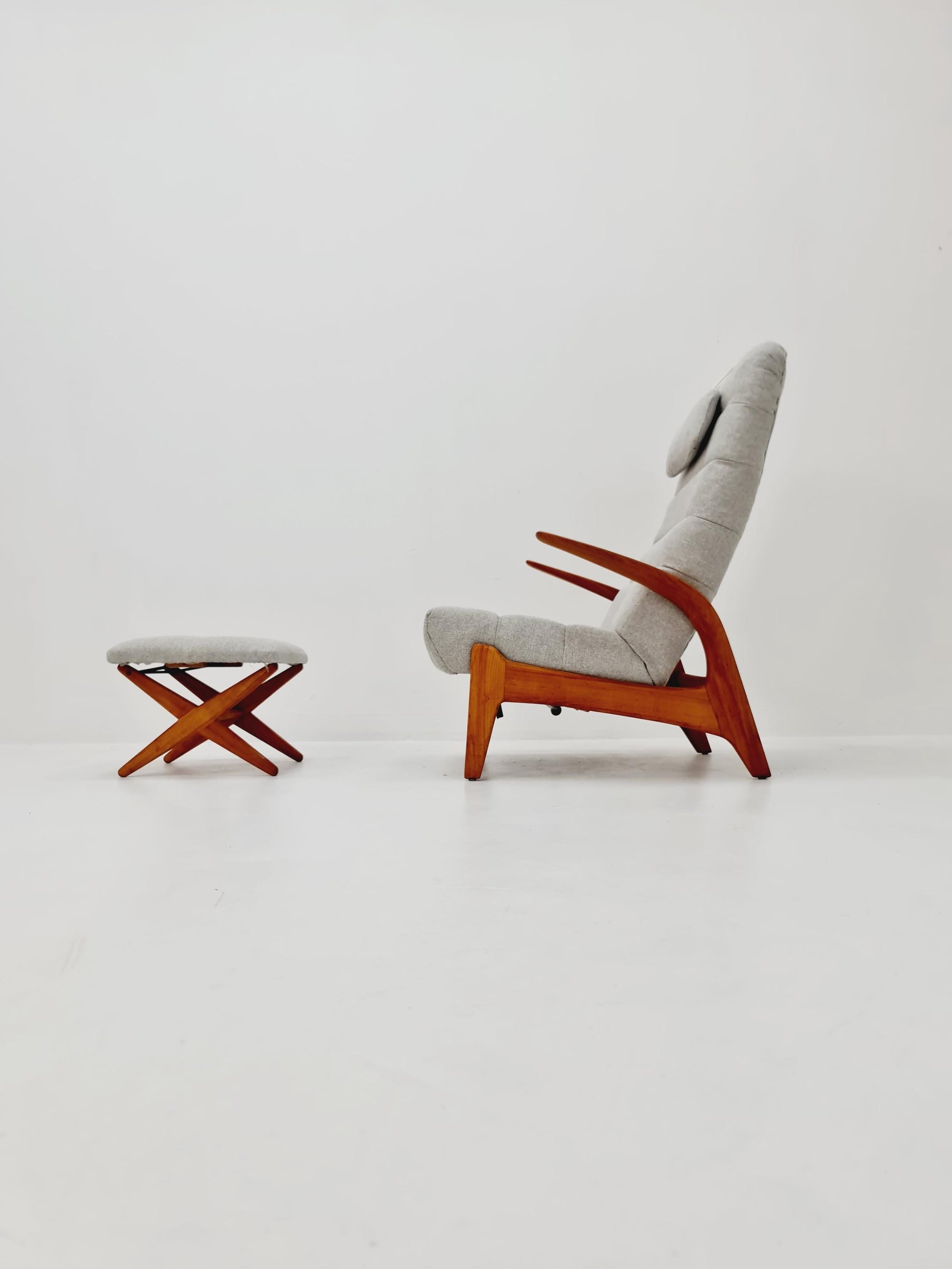 Mid Century Solid cherry wood lounge chair/ Easy chair by Rolf Rastad & Adolf Relling For Goldfeder with Adjustable Ottoman, 1960s