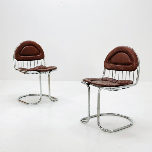 1 of 4 Mid century tubular Chrome and Leather Cantilever Dining Chairs, 1970s