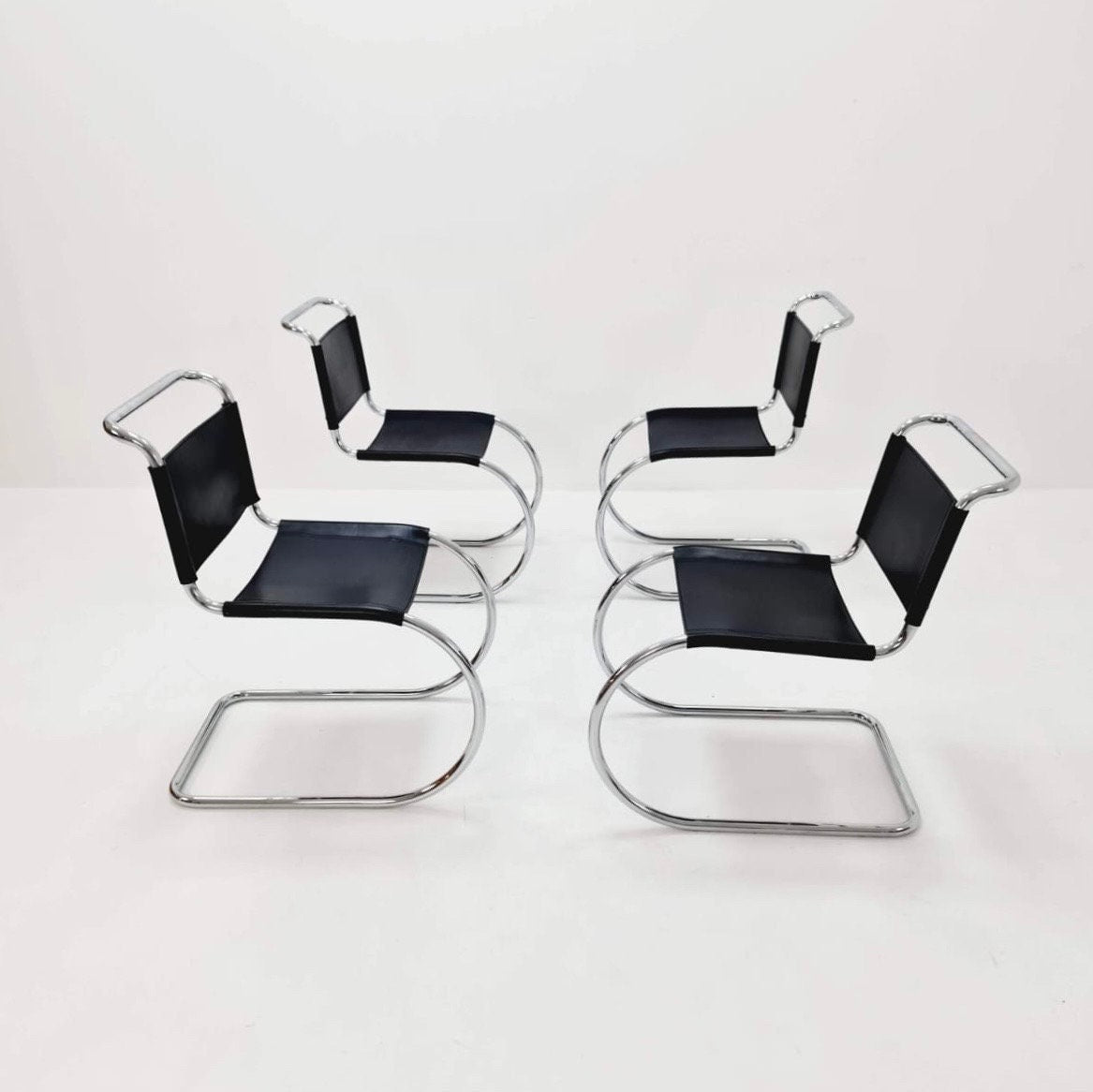 Set of 4 MR10 lounge black leather chairs design by Ludwig Mies van der Rohe , 1980s Italy