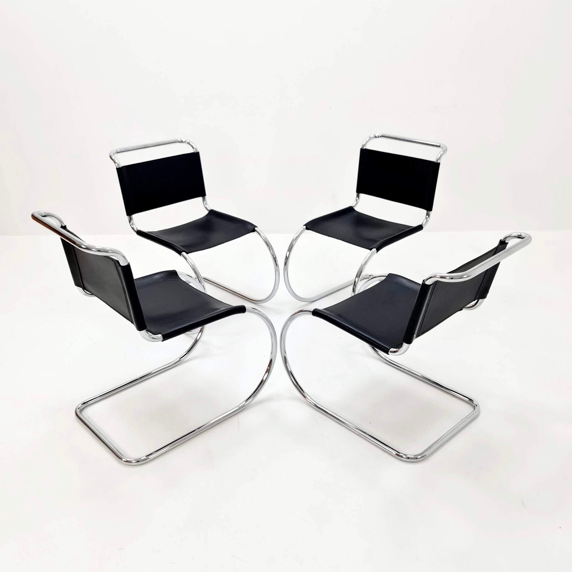 Set of 4 MR10 lounge black leather chairs design by Ludwig Mies van der Rohe , 1980s Italy