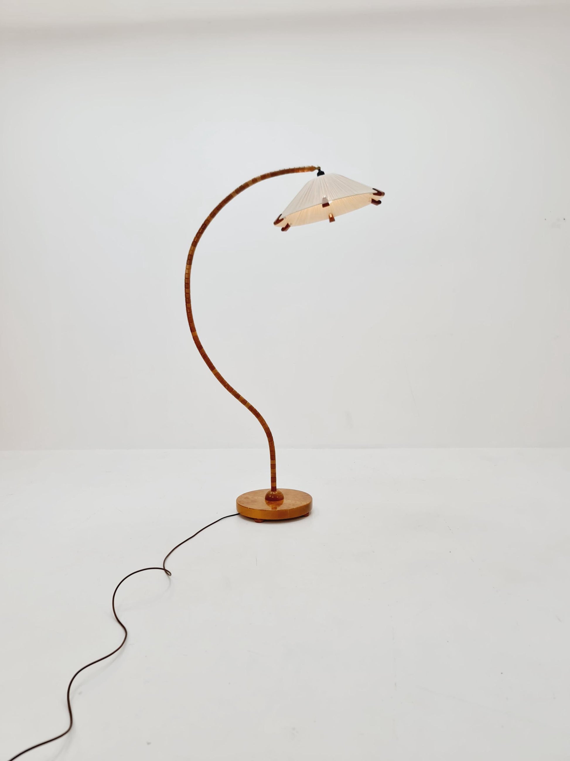 Rare Midcentury vintage gooseneck floor lamp in beech Wood and teak shade by Marksljöd Sweden, 1940s