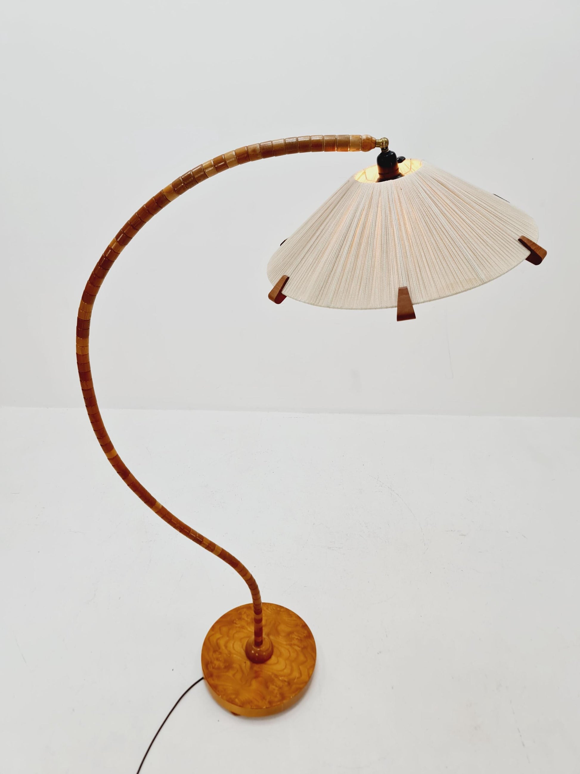Rare Midcentury vintage gooseneck floor lamp in beech Wood and teak shade by Marksljöd Sweden, 1940s
