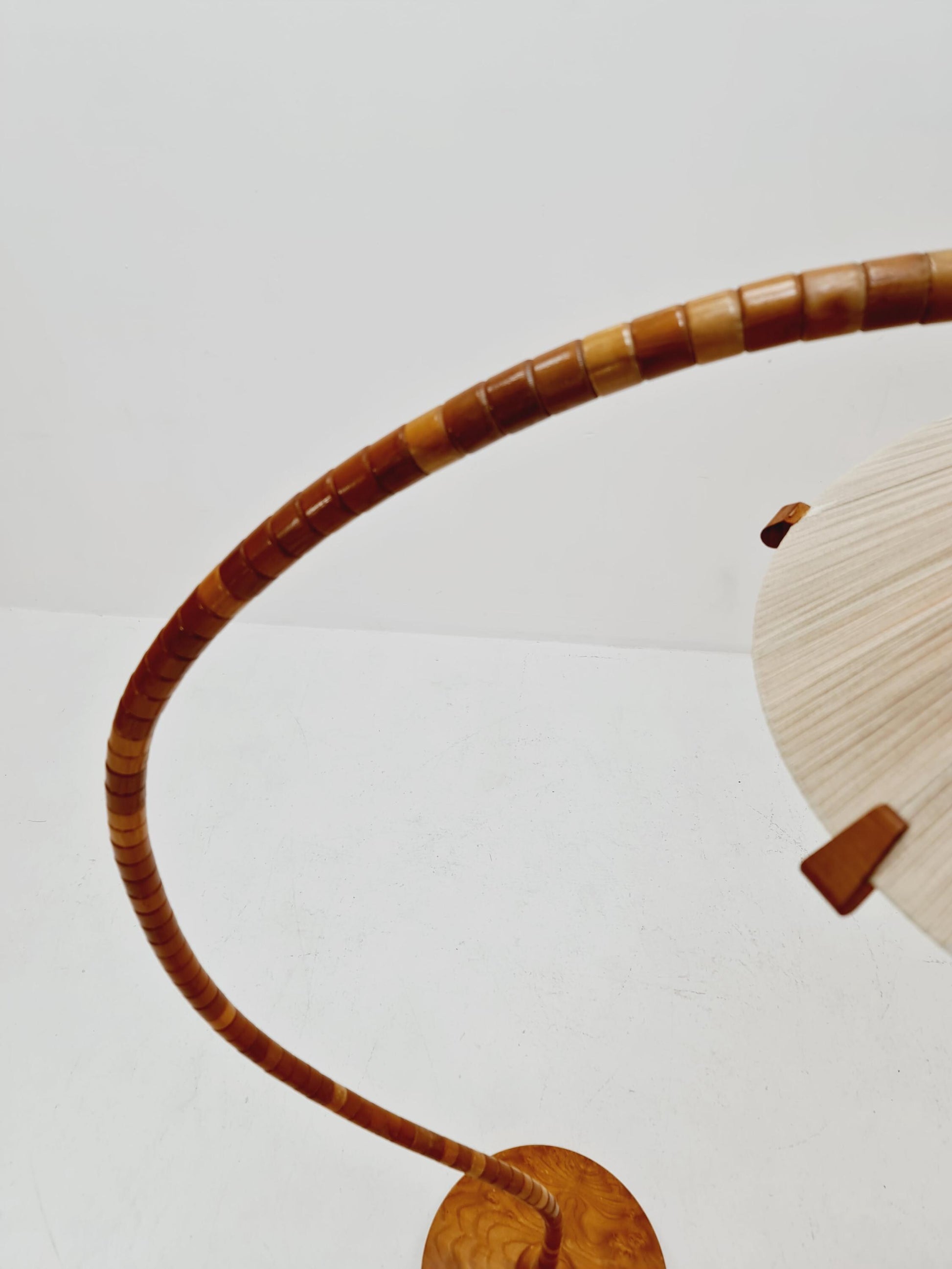 Rare Midcentury vintage gooseneck floor lamp in beech Wood and teak shade by Marksljöd Sweden, 1940s