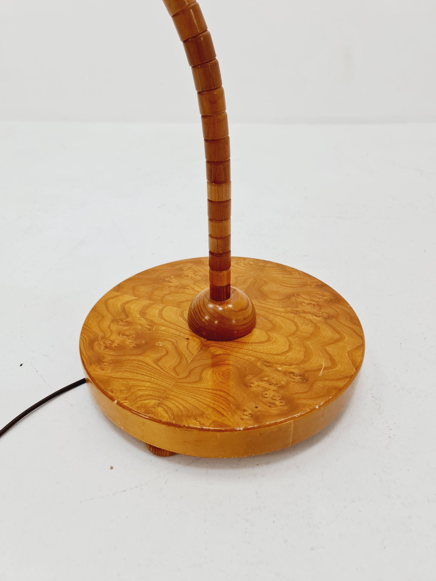 Rare Midcentury vintage gooseneck floor lamp in beech Wood and teak shade by Marksljöd Sweden, 1940s