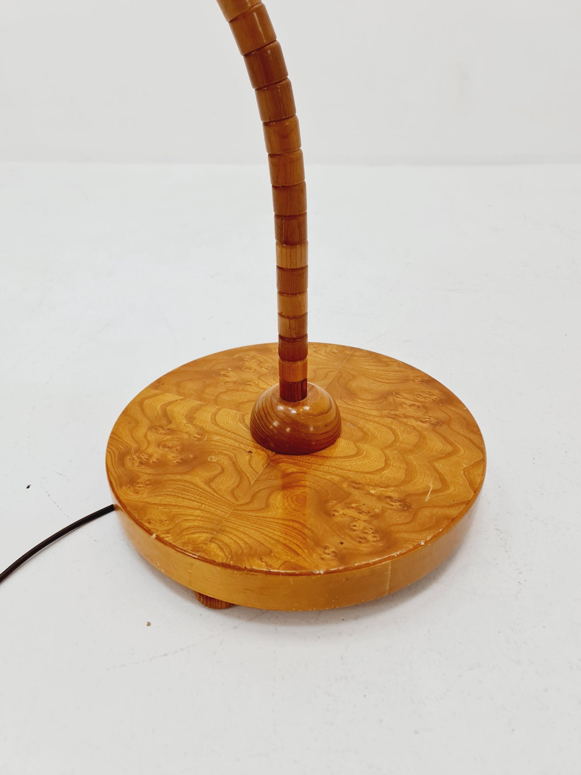 Rare Midcentury vintage gooseneck floor lamp in beech Wood and teak shade by Marksljöd Sweden, 1940s