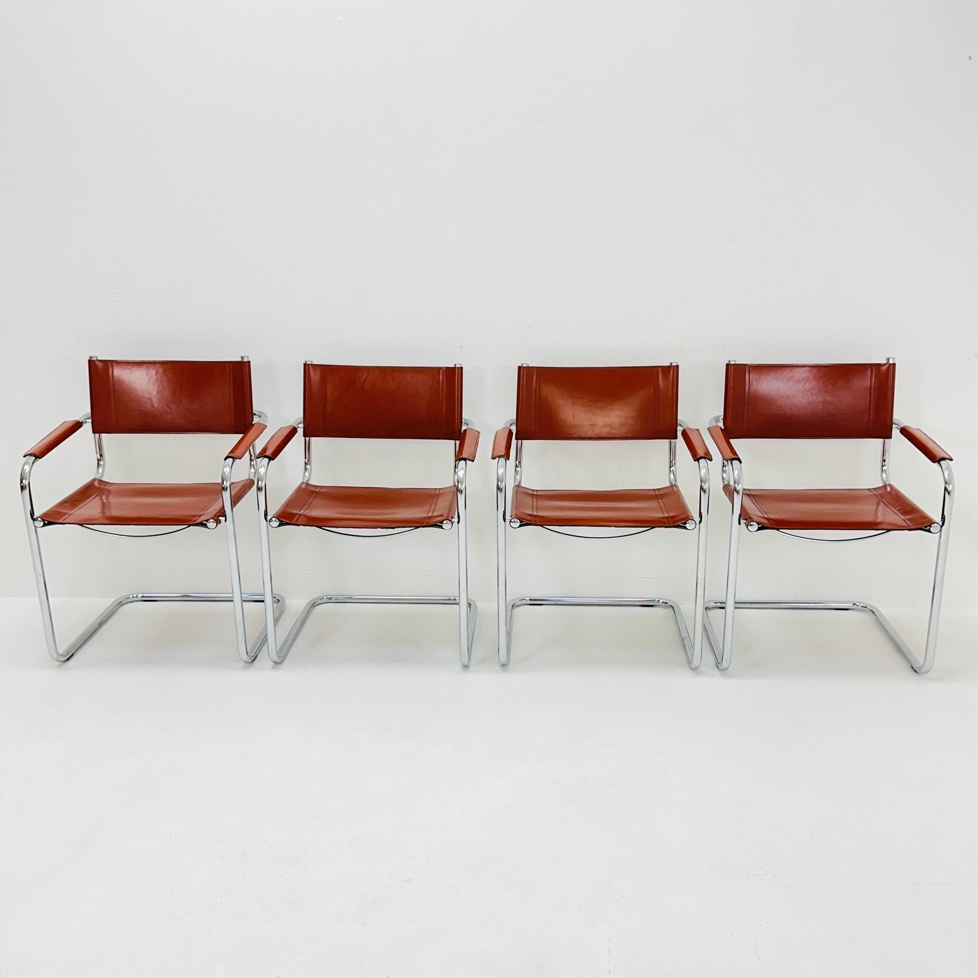 Set of 4 Mid century Model S34 Cognac Leather armchairs by Mart Stam & Marcel Breuer 1980s Italy