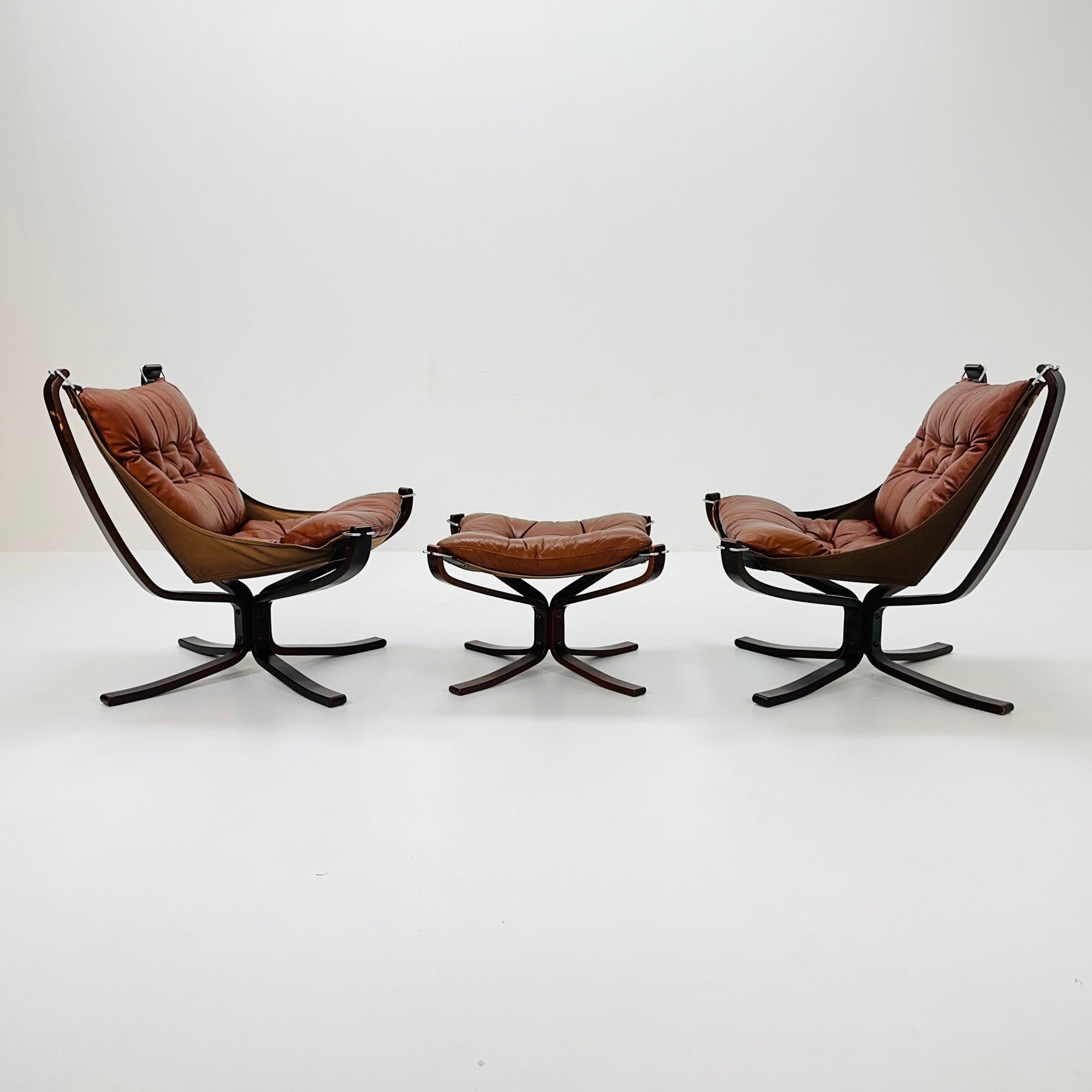 Mid century Falcon chairs and footstools by Sigurd Ressell for Vatne Møbler, 1970s, set of 3