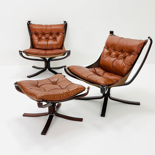 Mid century Falcon chairs and footstools by Sigurd Ressell for Vatne Møbler, 1970s, set of 3