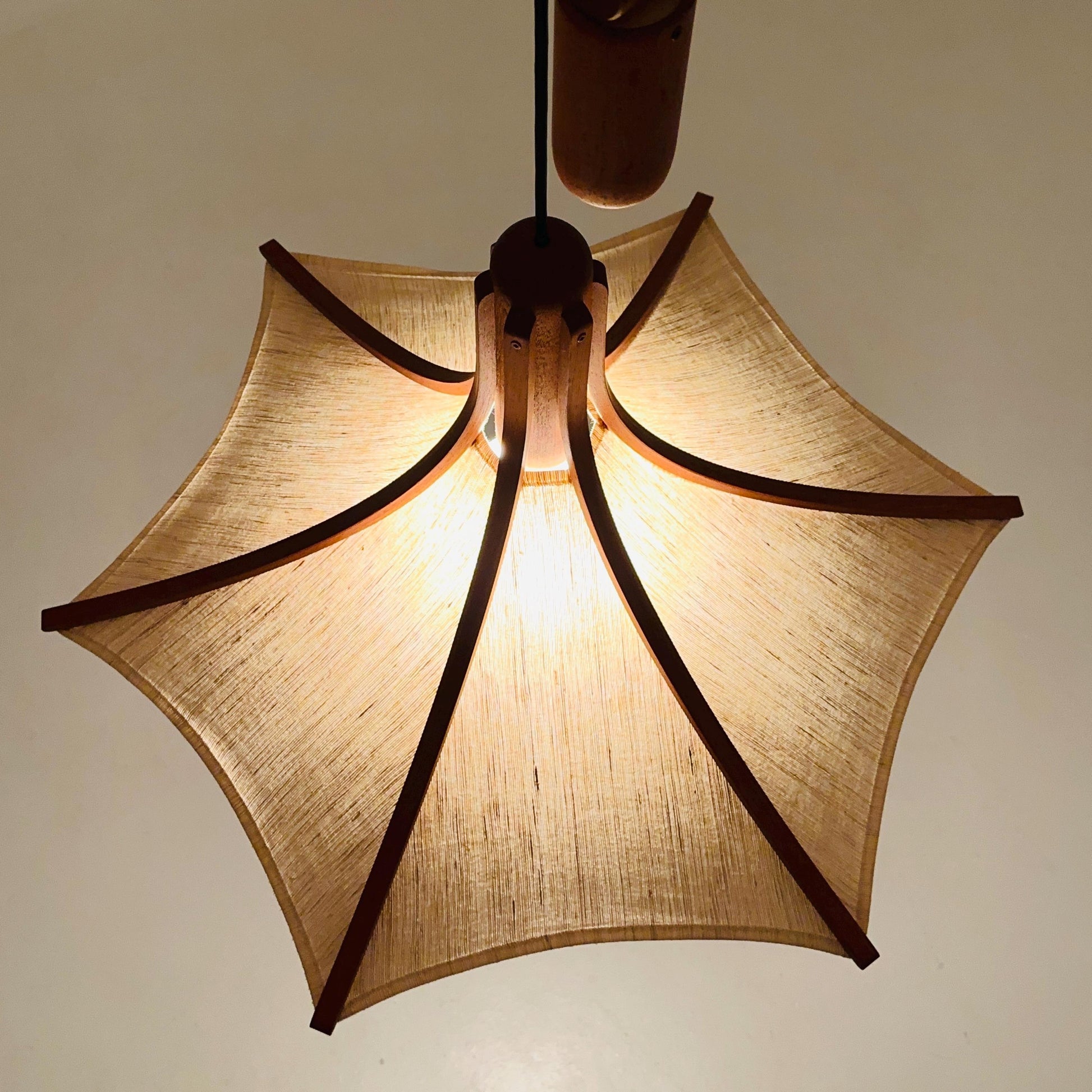 Mid century Wooden Pendant Light with Textile Shade by Domus Germany, 1970s