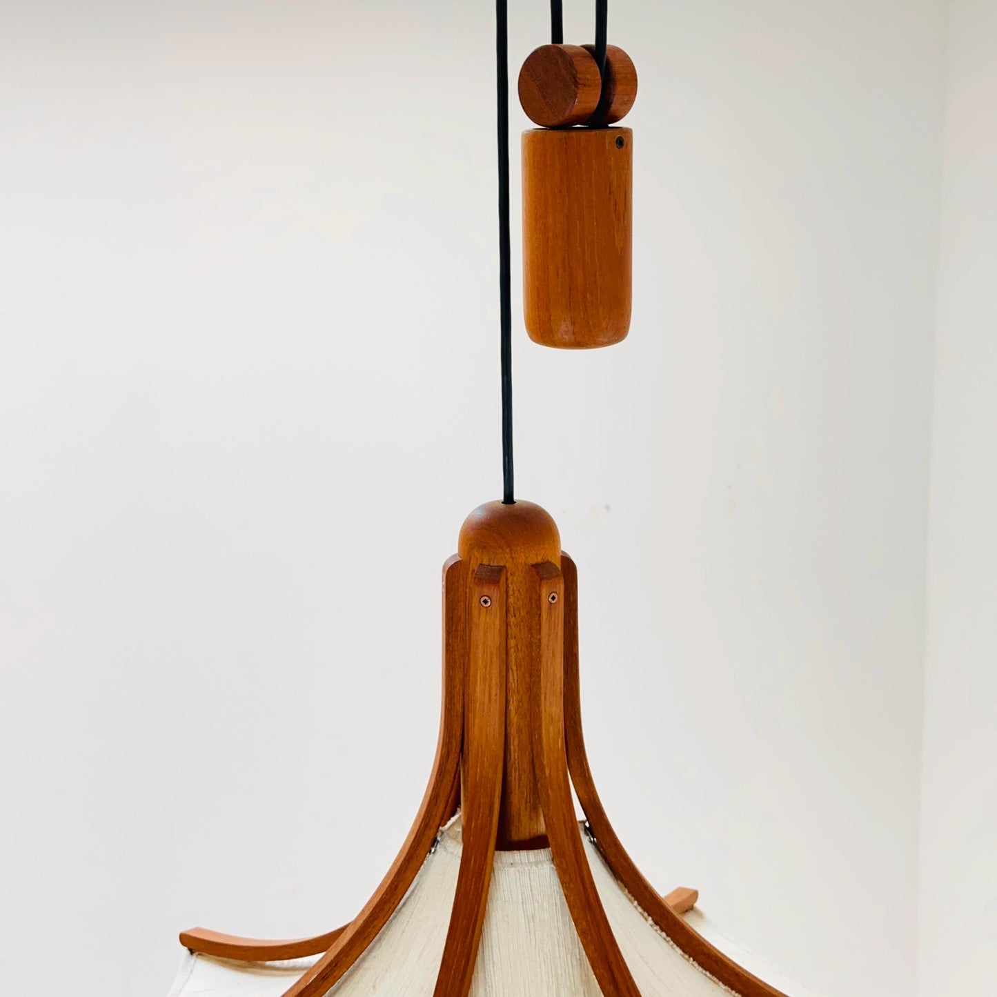 Mid century Wooden Pendant Light with Textile Shade by Domus Germany, 1970s