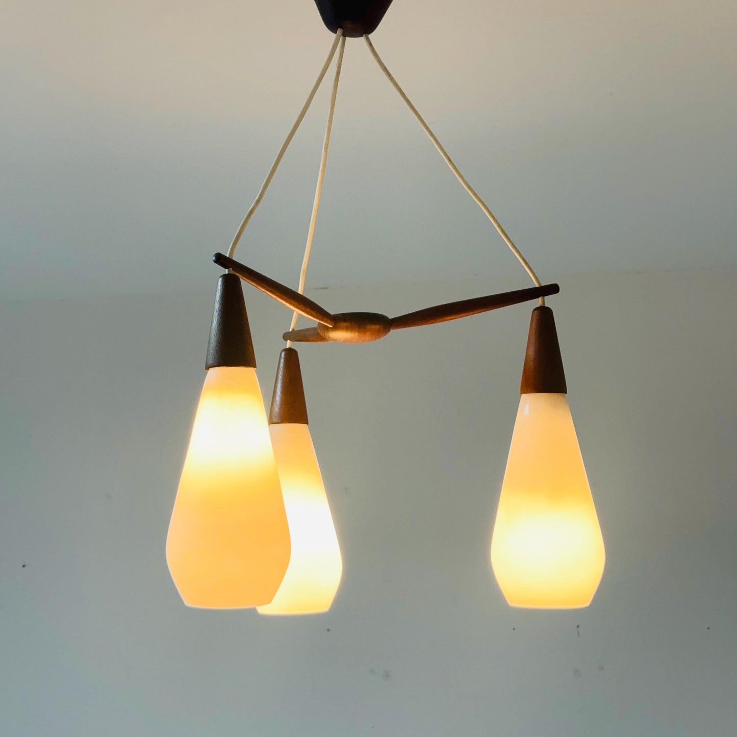 Mid century Danish teak & opal glass pendant lamp 1960s Denmark