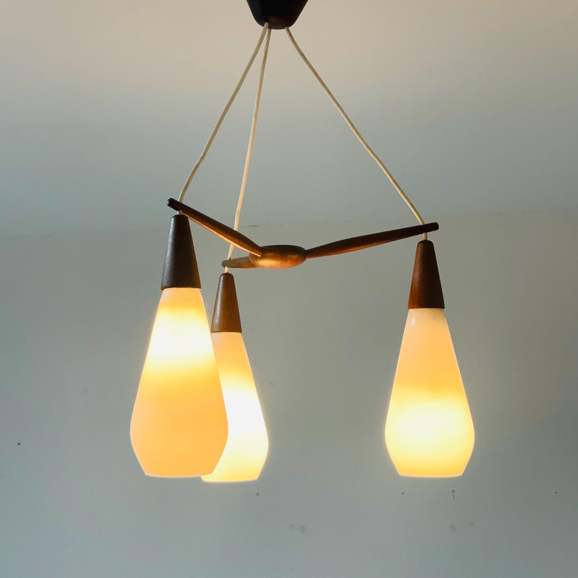 Mid century Danish teak & opal glass pendant lamp 1960s Denmark