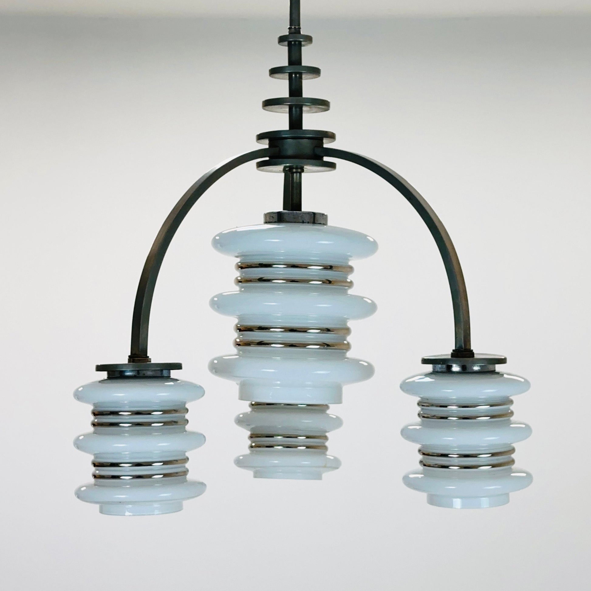 Mid century Bauhaus Italian chandelier chrome & Opal glass 1950s