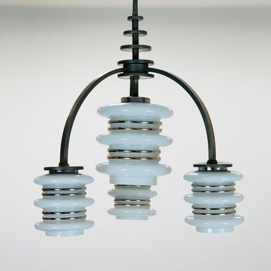 Mid century Bauhaus Italian chandelier chrome & Opal glass 1950s