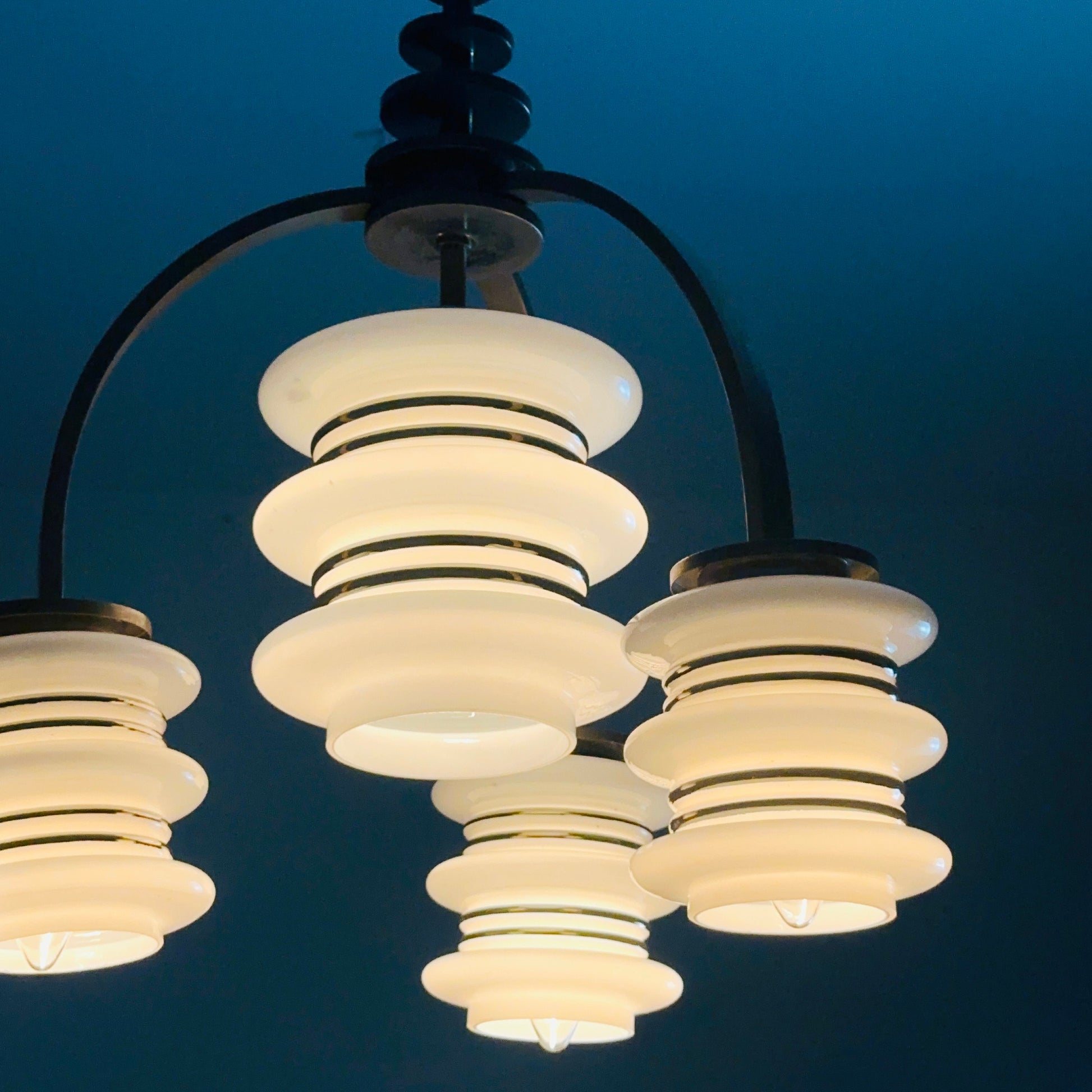 Mid century Bauhaus Italian chandelier chrome & Opal glass 1950s
