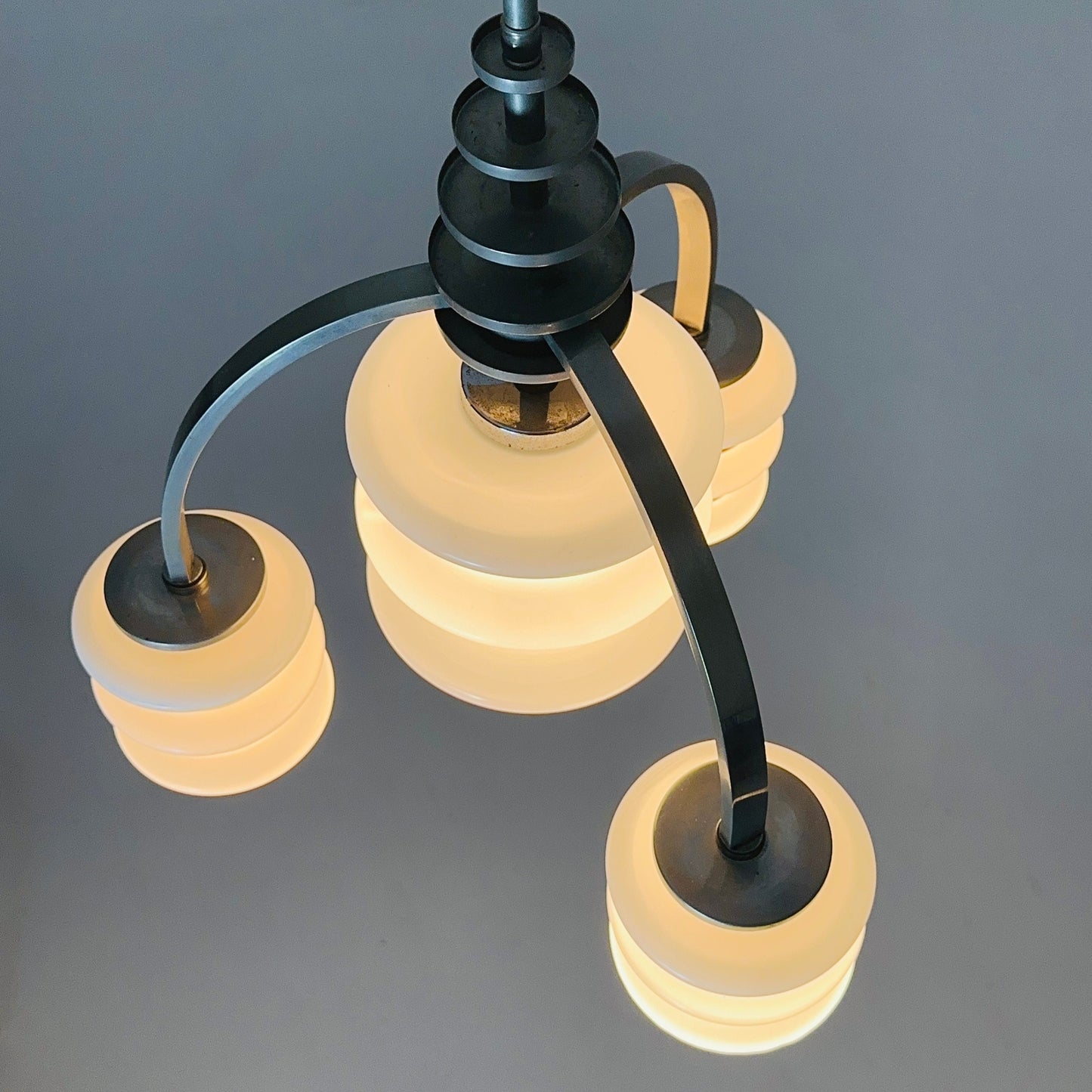 Mid century Bauhaus Italian chandelier chrome & Opal glass 1950s