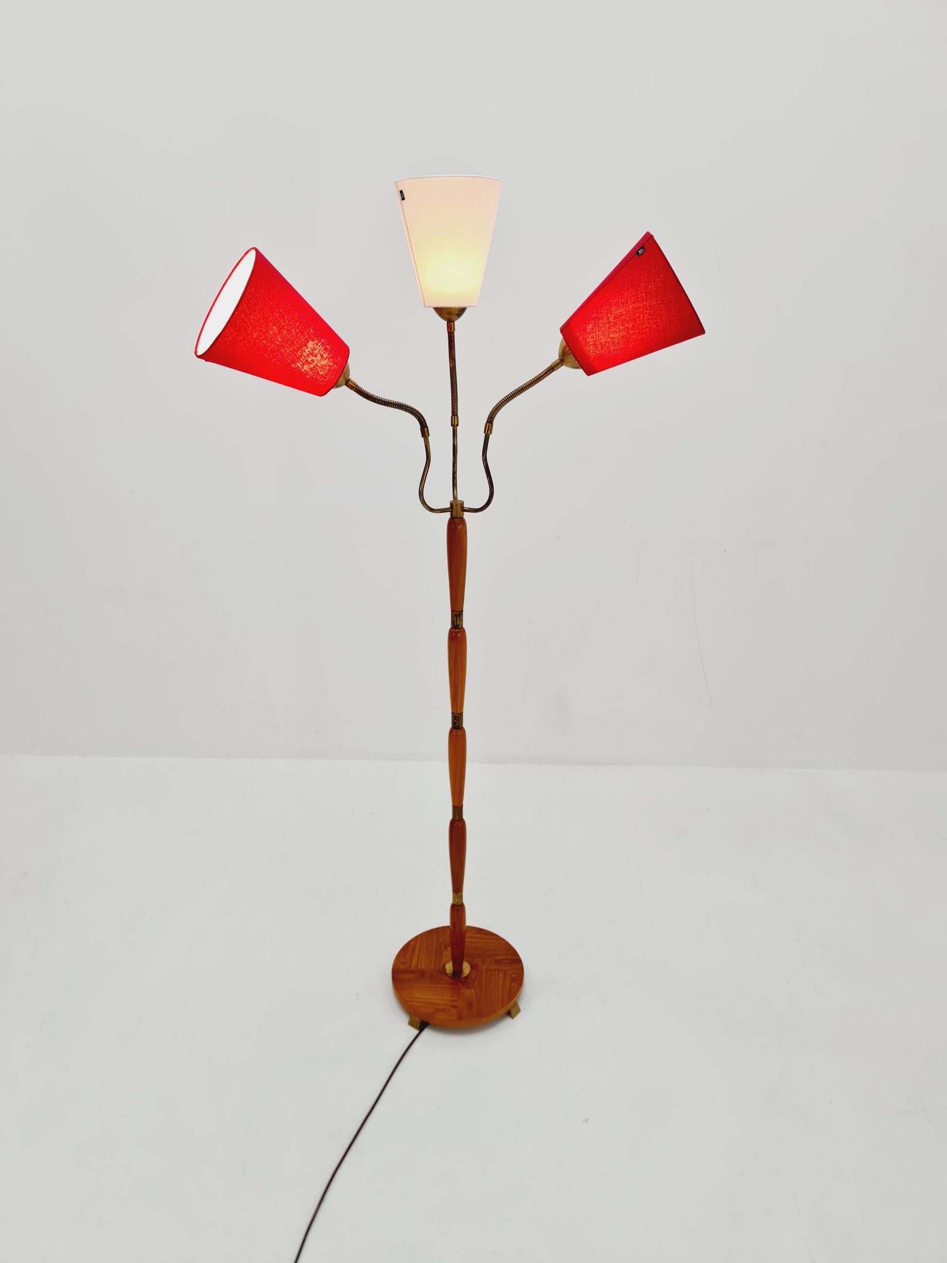swedish Modern three flex arms brass & wood floor lamp, tütenlampe, 1950s