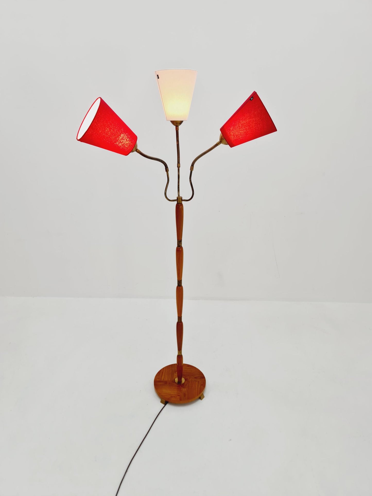 swedish Modern three flex arms brass & wood floor lamp, tütenlampe, 1950s