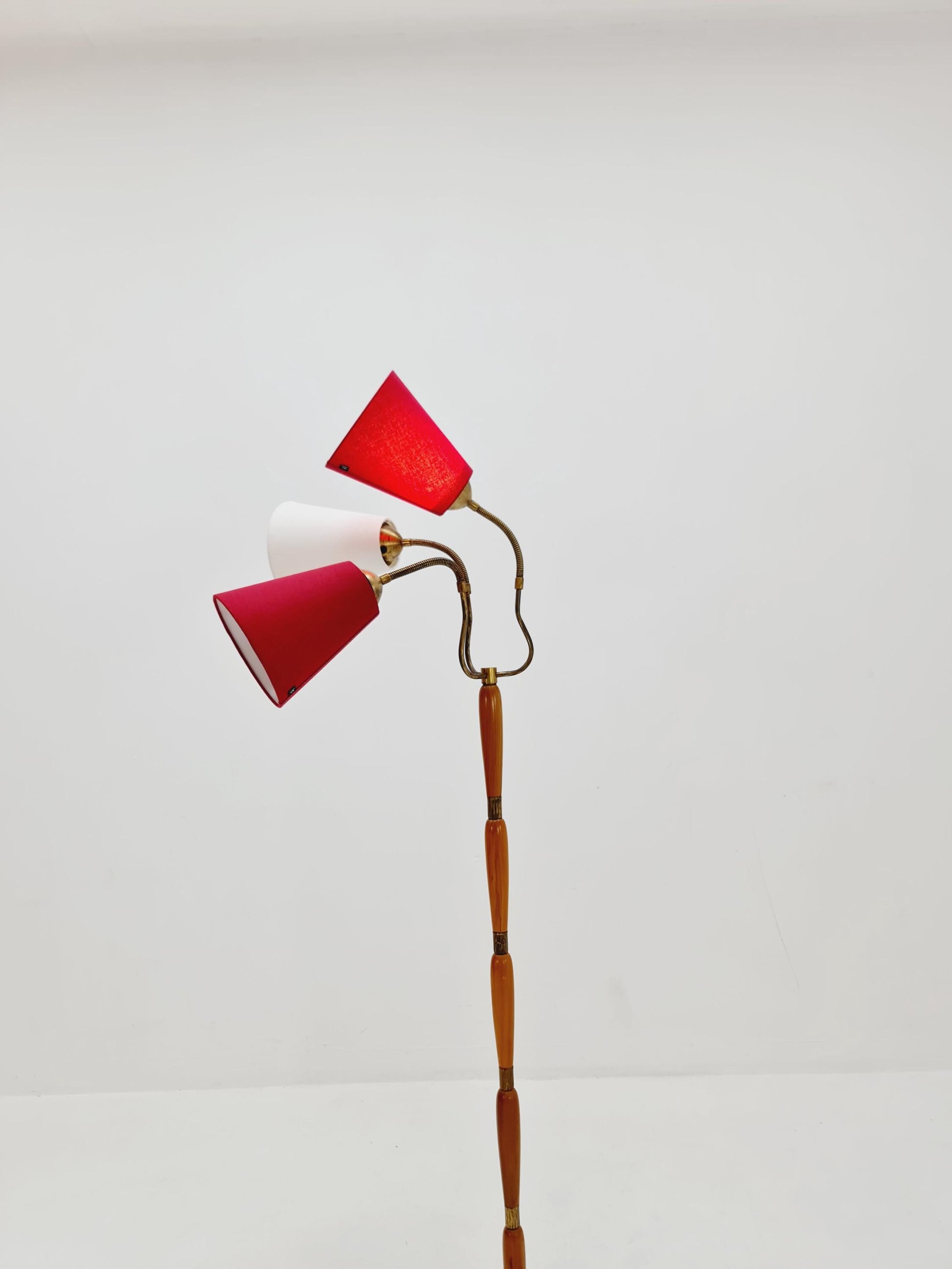 swedish Modern three flex arms brass & wood floor lamp, tütenlampe, 1950s