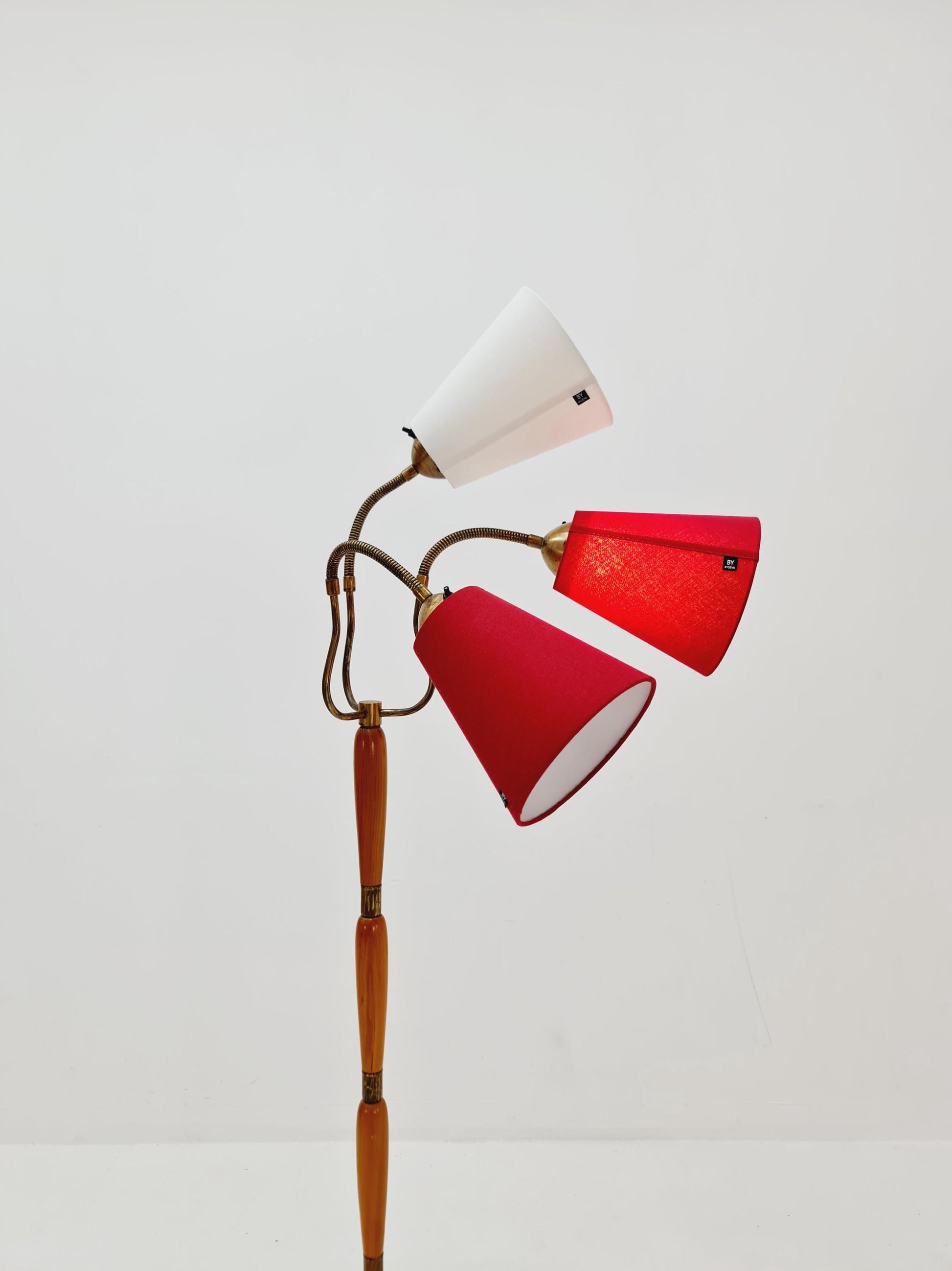 swedish Modern three flex arms brass & wood floor lamp, tütenlampe, 1950s