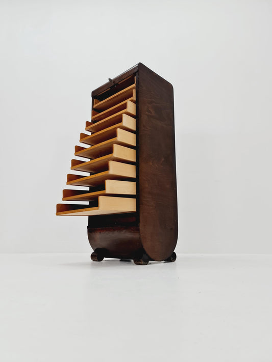 Mid century German roll document cabinet in Wood by Ekawerk Büro Möbel , 1950s