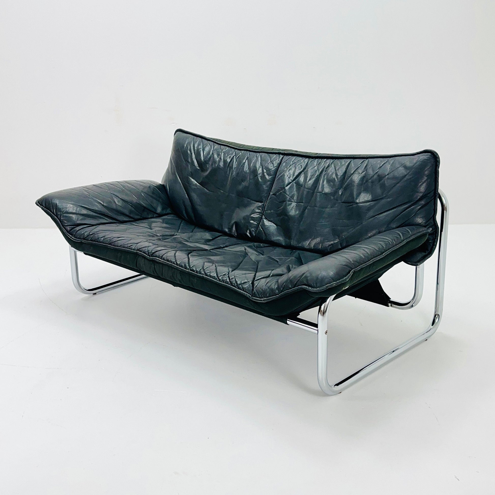 Mid century Black leather sofa by Johan Bertil Häggström for Ikea 1980s Sweden