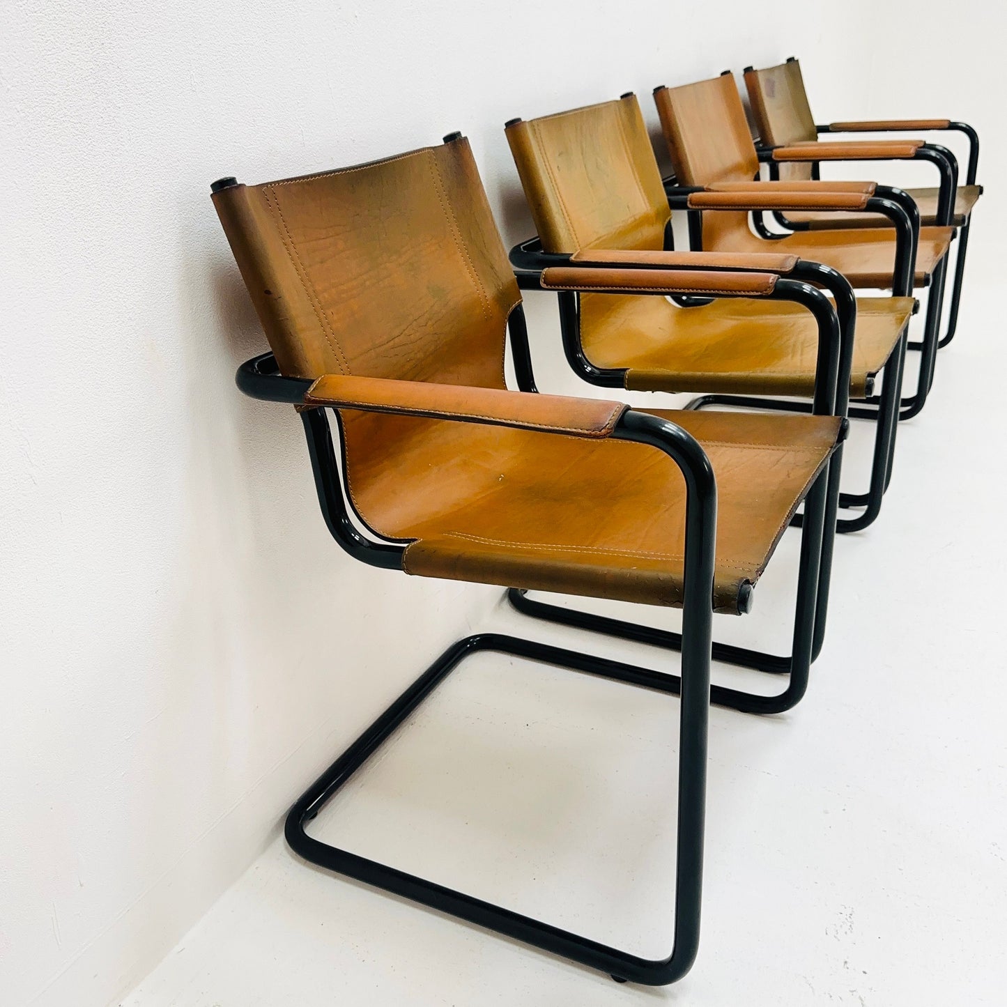 set of 4 Mid century MG5 Matteo Grassi visitor leather armchairs by Mart Stam Italy 1970s