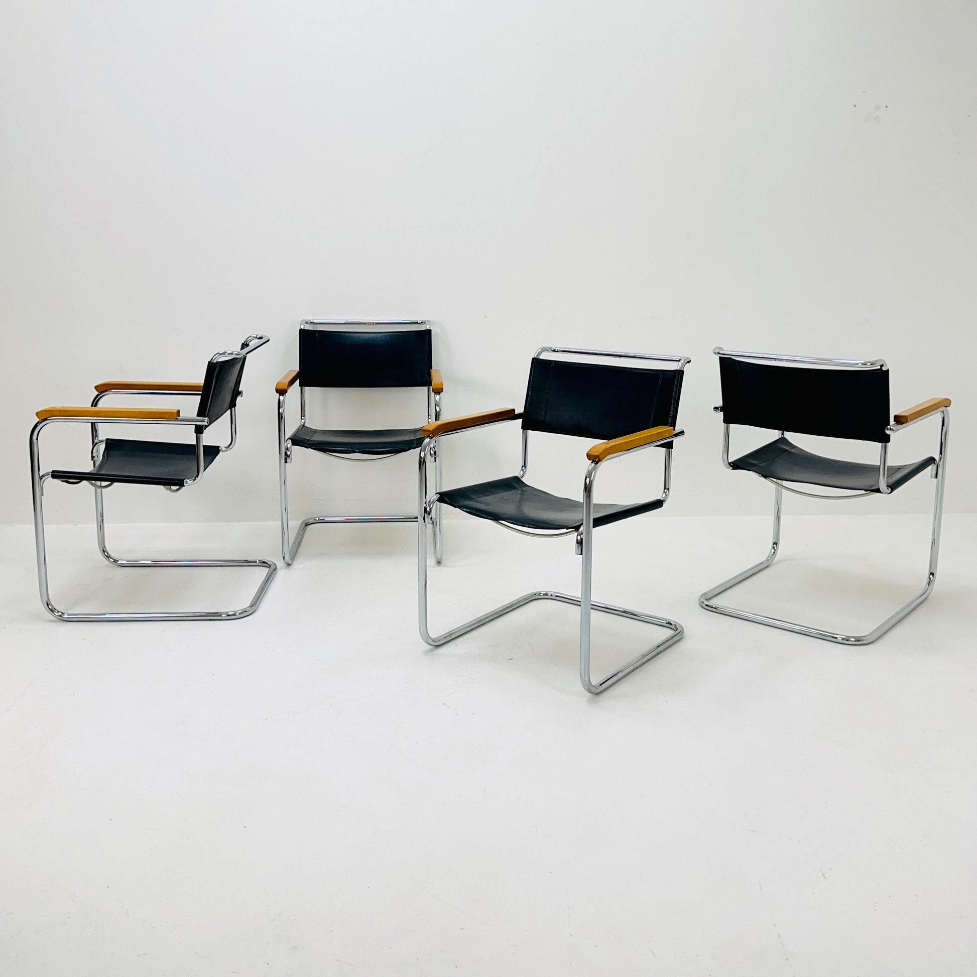 Set of 4 Bauhaus black leather iconic armchairs by mart Stam for Thonet 1980s