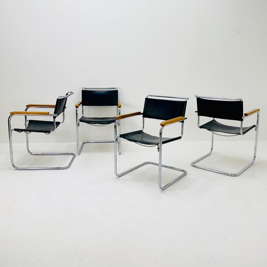 Set of 4 Bauhaus black leather iconic armchairs by mart Stam for Thonet 1980s