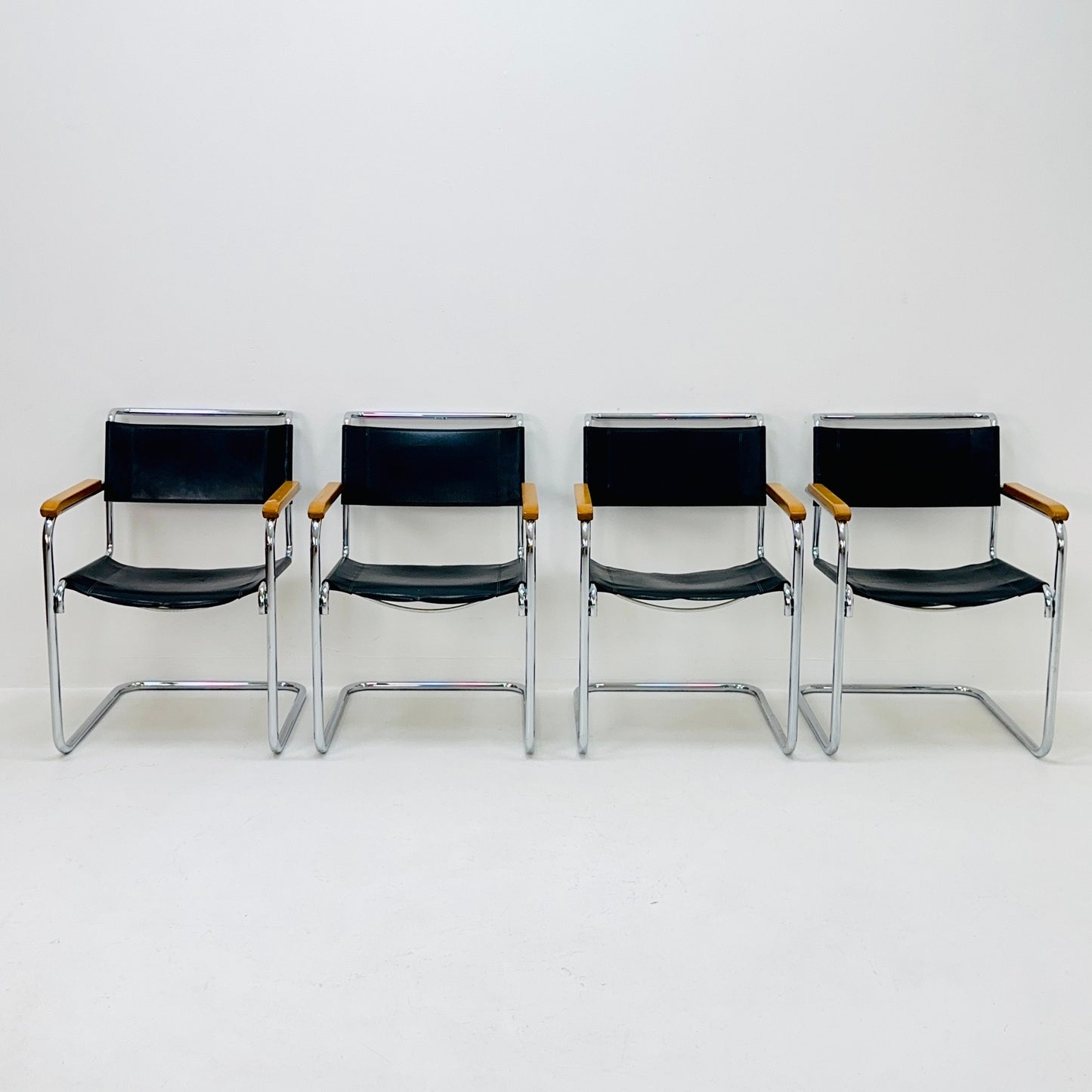 Set of 4 Bauhaus black leather iconic armchairs by mart Stam for Thonet 1980s