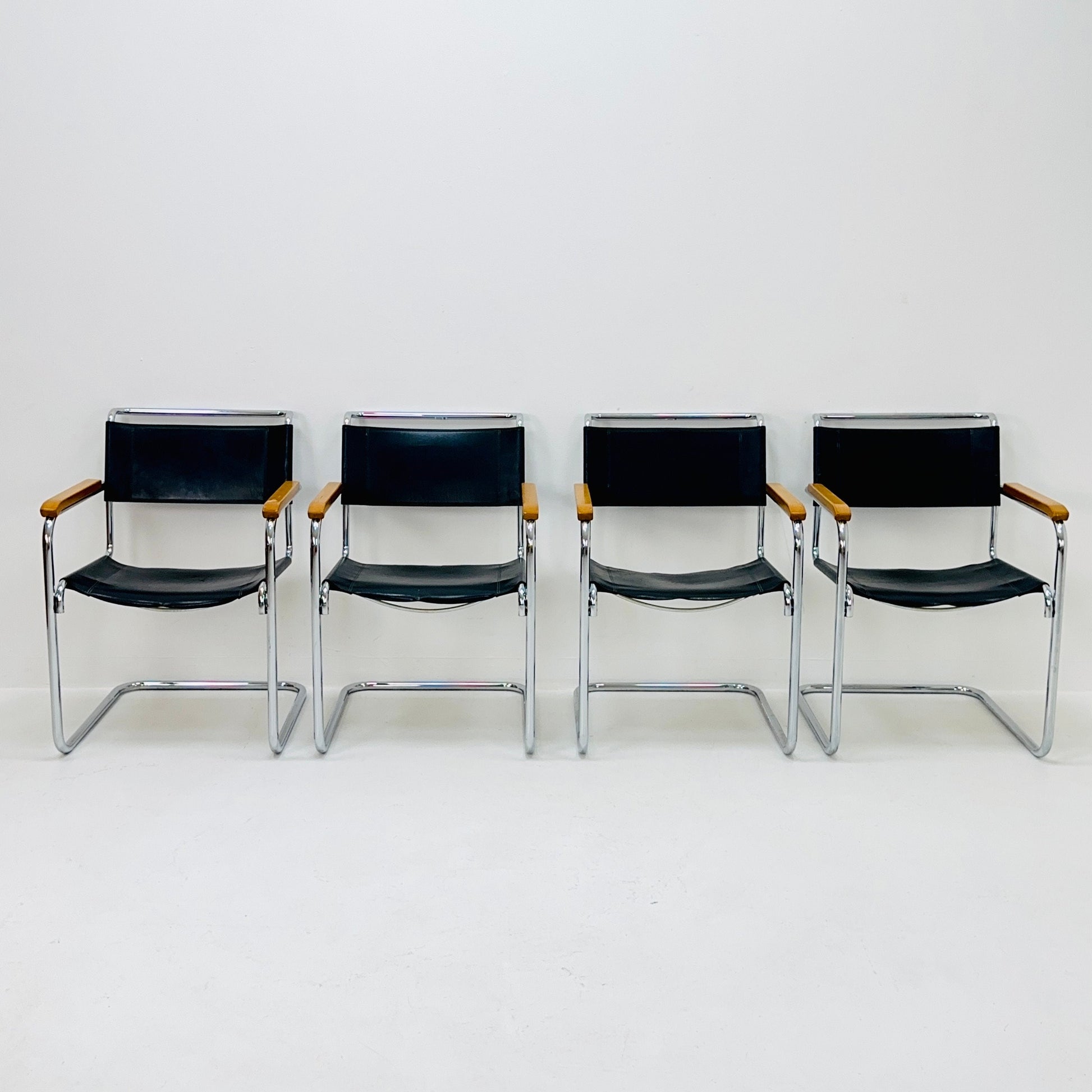 Set of 4 Bauhaus black leather iconic armchairs by mart Stam for Thonet 1980s
