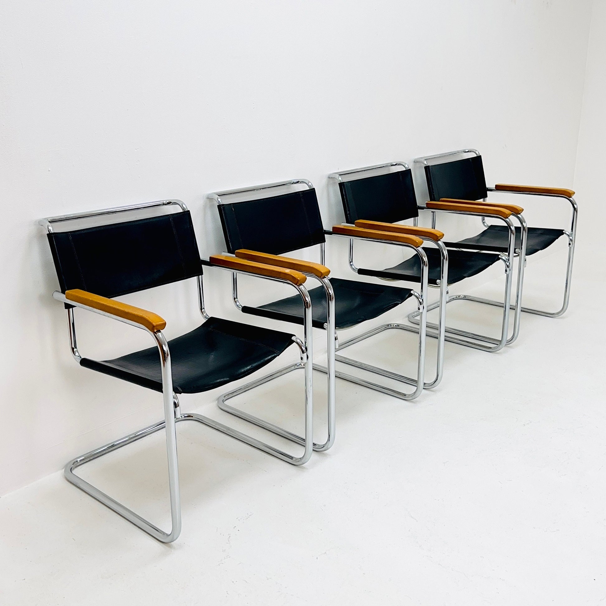 Set of 4 Bauhaus black leather iconic armchairs by mart Stam for Thonet 1980s