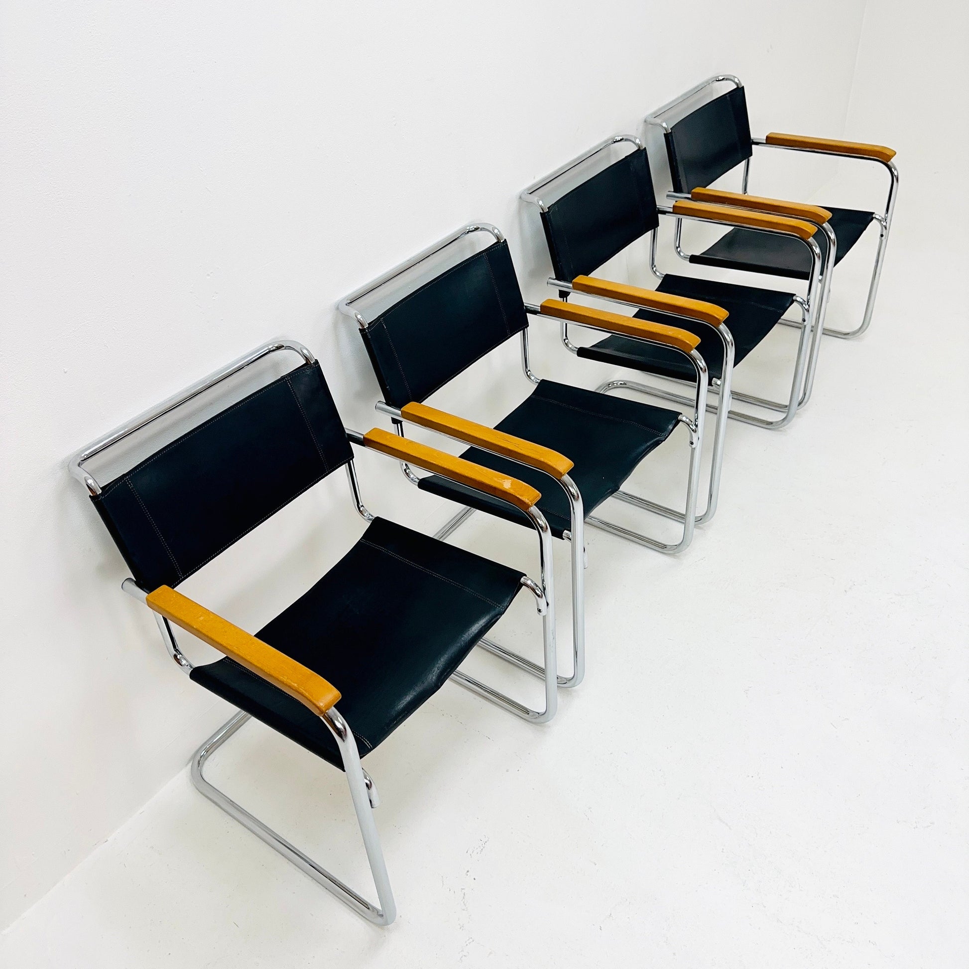 Set of 4 Bauhaus black leather iconic armchairs by mart Stam for Thonet 1980s